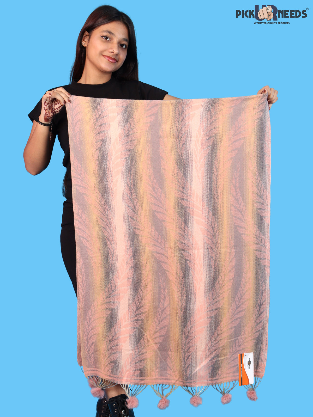 Pick Ur Needs Womens Designer Woolen Shawl & Stole with Elegant Leaf Pattern and Pom Pom Tassels, Winter Soft Warm Lightweight Winter Wrap
