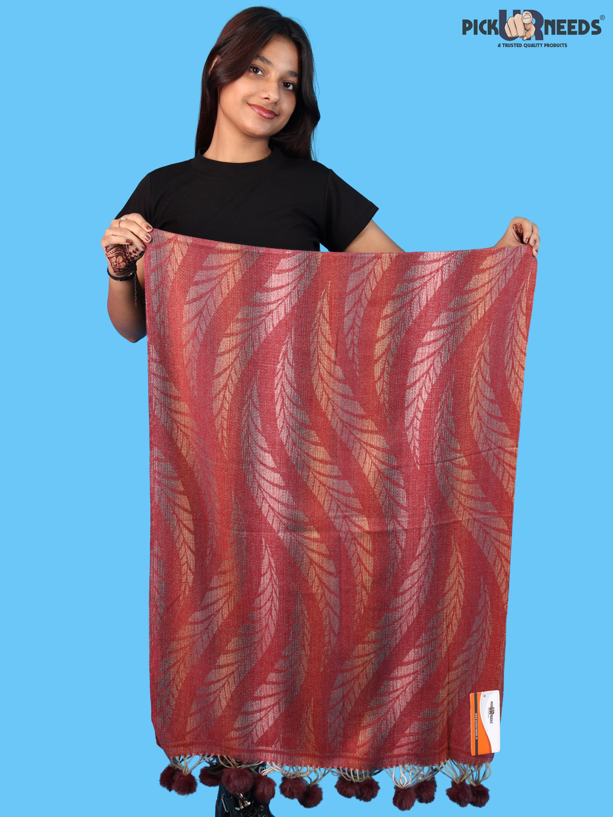 Pick Ur Needs Womens Designer Woolen Shawl & Stole with Elegant Leaf Pattern and Pom Pom Tassels, Winter Soft Warm Lightweight Winter Wrap
