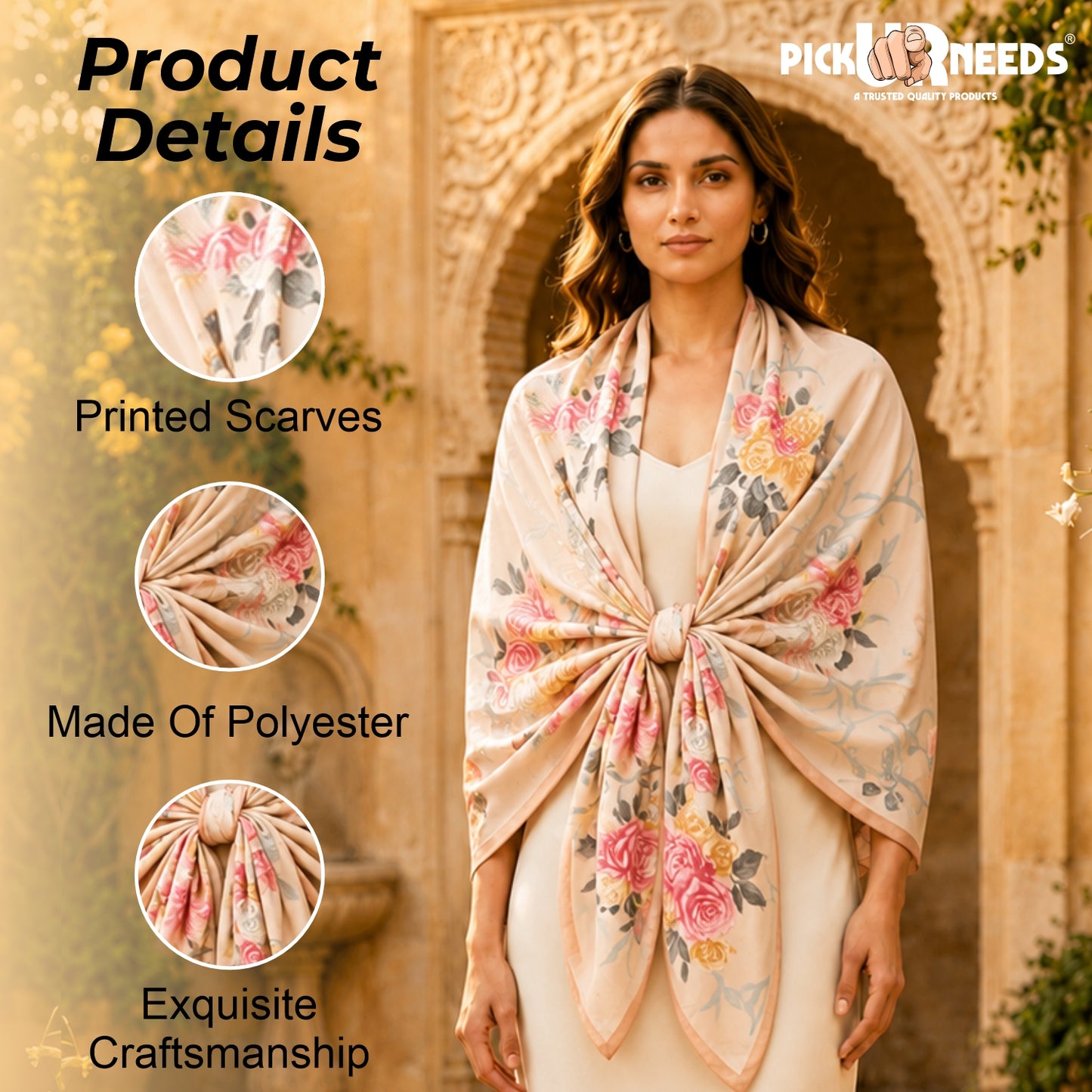 Pick Ur Needs Summer Silk Floral Printed Scarf for Womens & Girls Elegant Neck, Head & Shoulder Wrap Soft Lightweight Fashion Stole