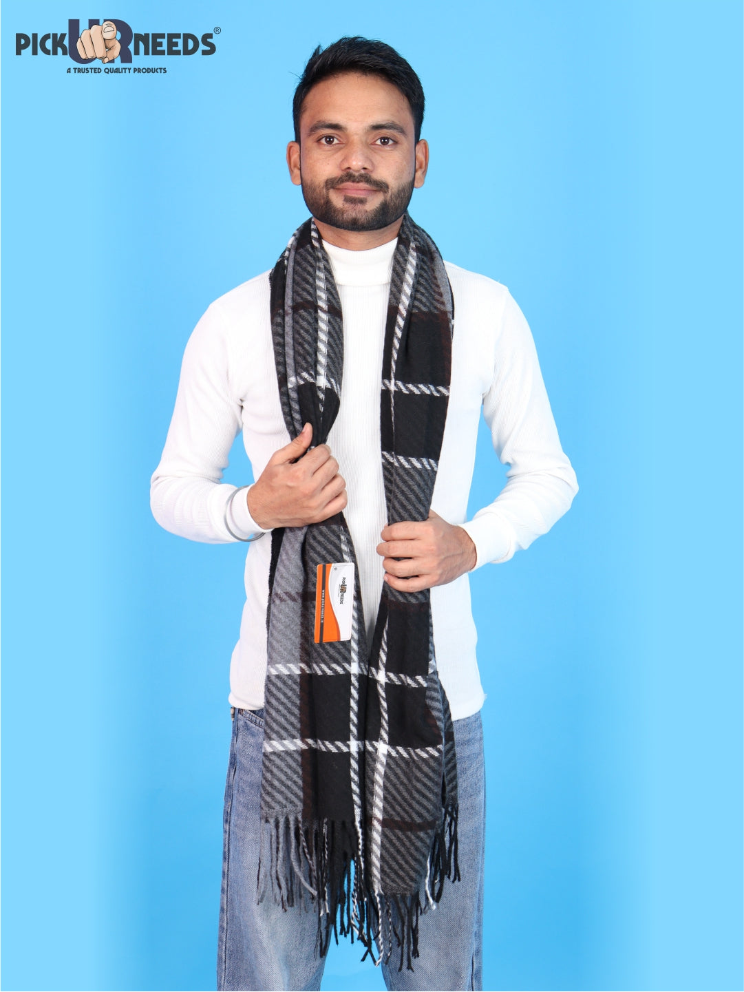 Pick Ur Needs Premium Winter Shawl & Muffler for Men & Boys | Soft Warm Checkered Pattern Woolen Style Stole Stylish Long Scarf with Fringed Ends Comfortable Neck Wrap for Winter Wear