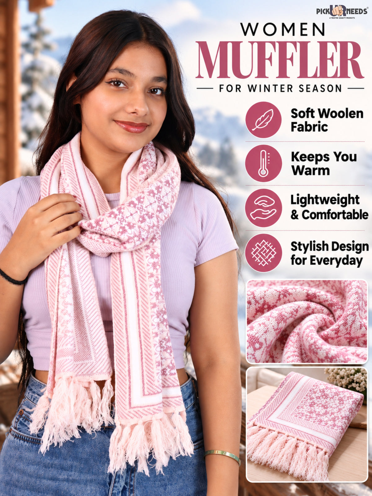Pick Ur Needs Womens & Girls Super Soft Knitted Woolen Muffler Warm Winter Neck Scarf with Elegant Printed Design & Tassels