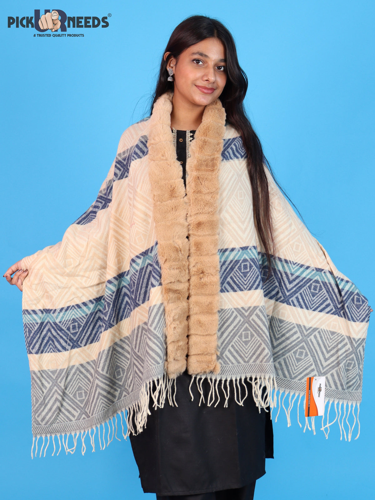 Pick Ur Needs Elegant Winter Soft & Warm Woolen Shawl with Faux Fur Border Multi Color Pattern Scarf