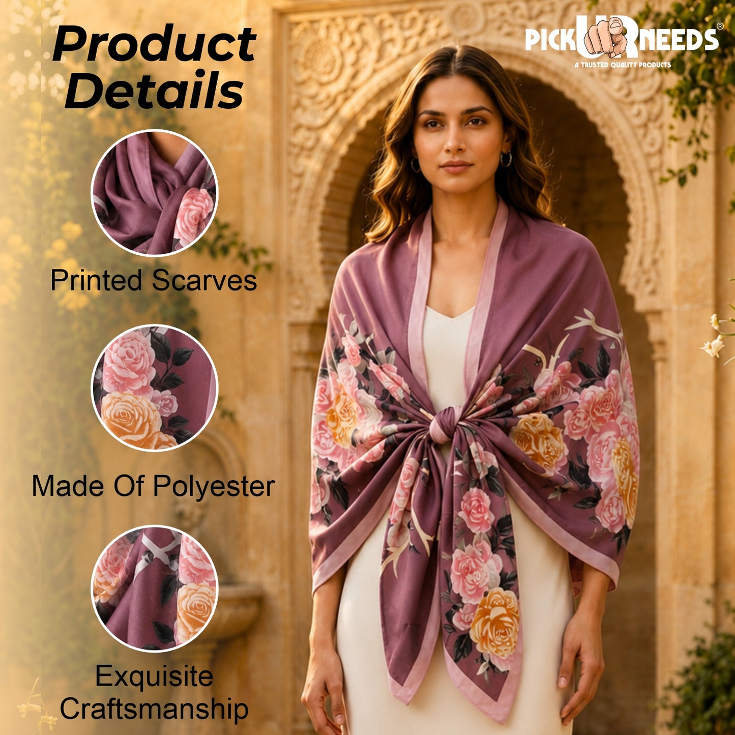 Pick Ur Needs Summer Silk Floral Printed Scarf for Womens & Girls Elegant Neck, Head & Shoulder Wrap Soft Lightweight Fashion Stole