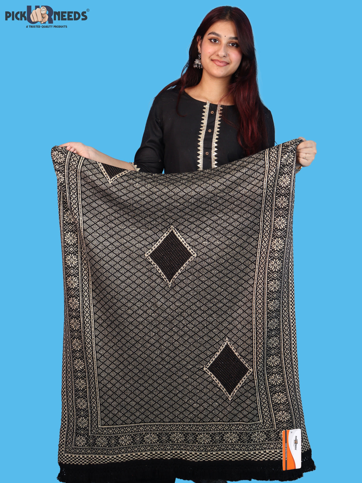 Pick Ur Needs Women & Girls Designer Shawl Stole with Elegant Woven Floral & Geometric Pattern, Soft Warm Winter Wrap with Fringed Border, Stylish Shoulder Scarf for Ladies