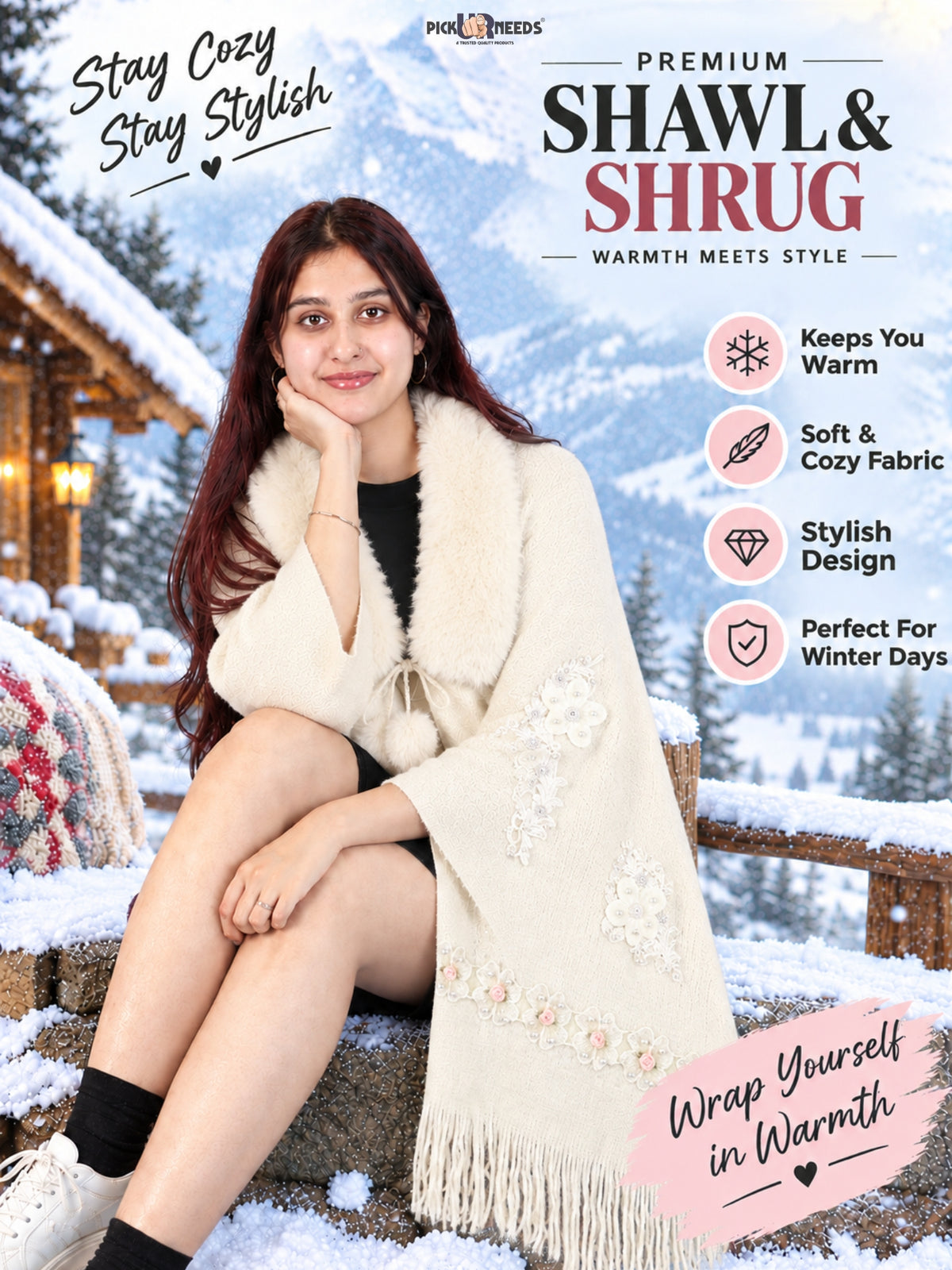 Pick Ur Needs Womens Premium Winter Shawl Shrug with Soft Fur Collar, Floral Embroidery, Pom-Pom Tie & Fringe Detailing Stylish Warm Wrap for Girls