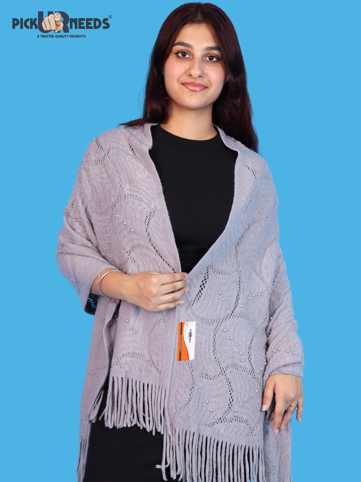Pick Ur Needs Women & Girls Winter Warm Woolen Muffler with Pearl Work & Fringes – Soft Stylish Wrap