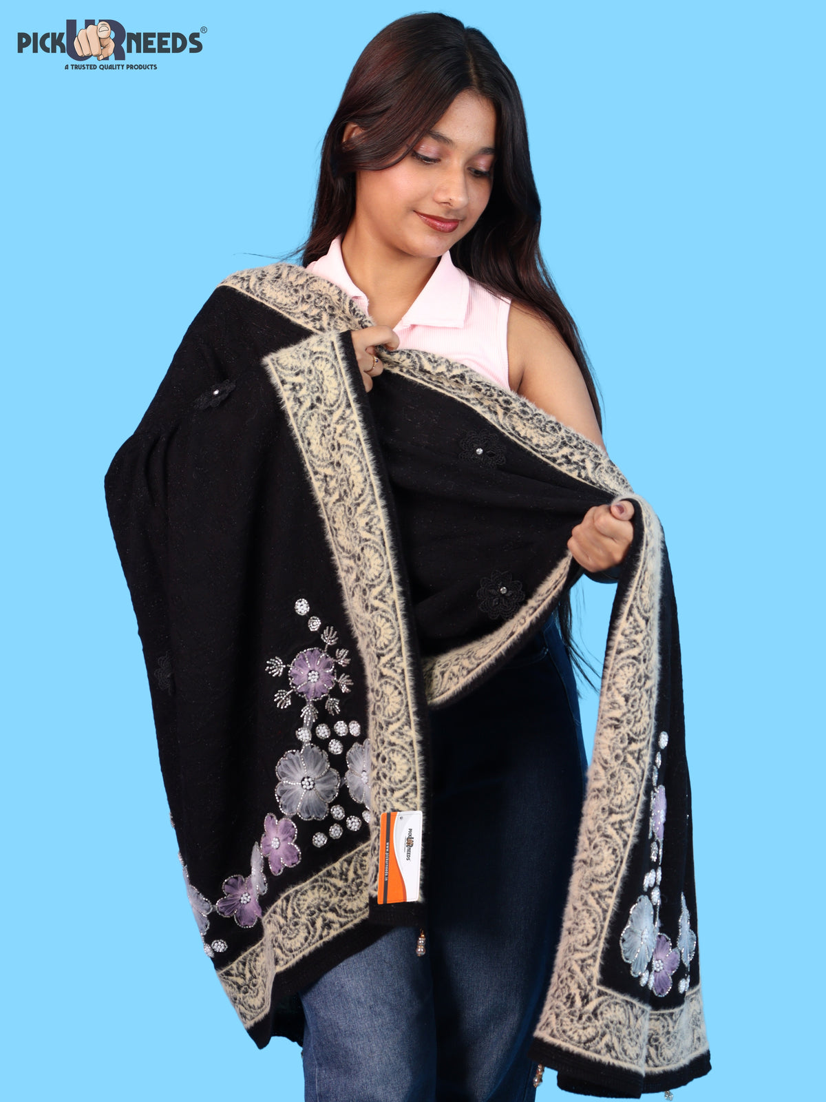 Pick Ur Needs Winter Woolen Womens Open Front Stylish Shrug with Elegant Floral Embroidery & Designer Border Soft Warm for Ladies & Girls