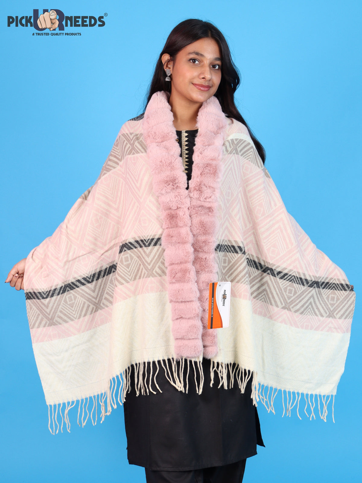 Pick Ur Needs Elegant Winter Soft & Warm Woolen Shawl with Faux Fur Border Multi Color Pattern Scarf