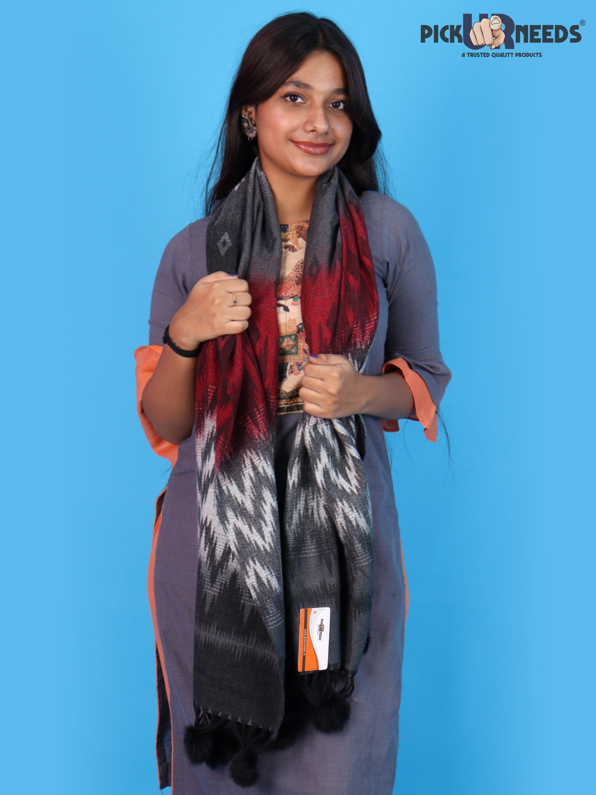 Pick Ur Needs Women Winter Shawl Soft Warm Geometric Printed Woolen Style Stole with Pom Pom Tassels Stylish Long Wrap Muffler for Women & Girls