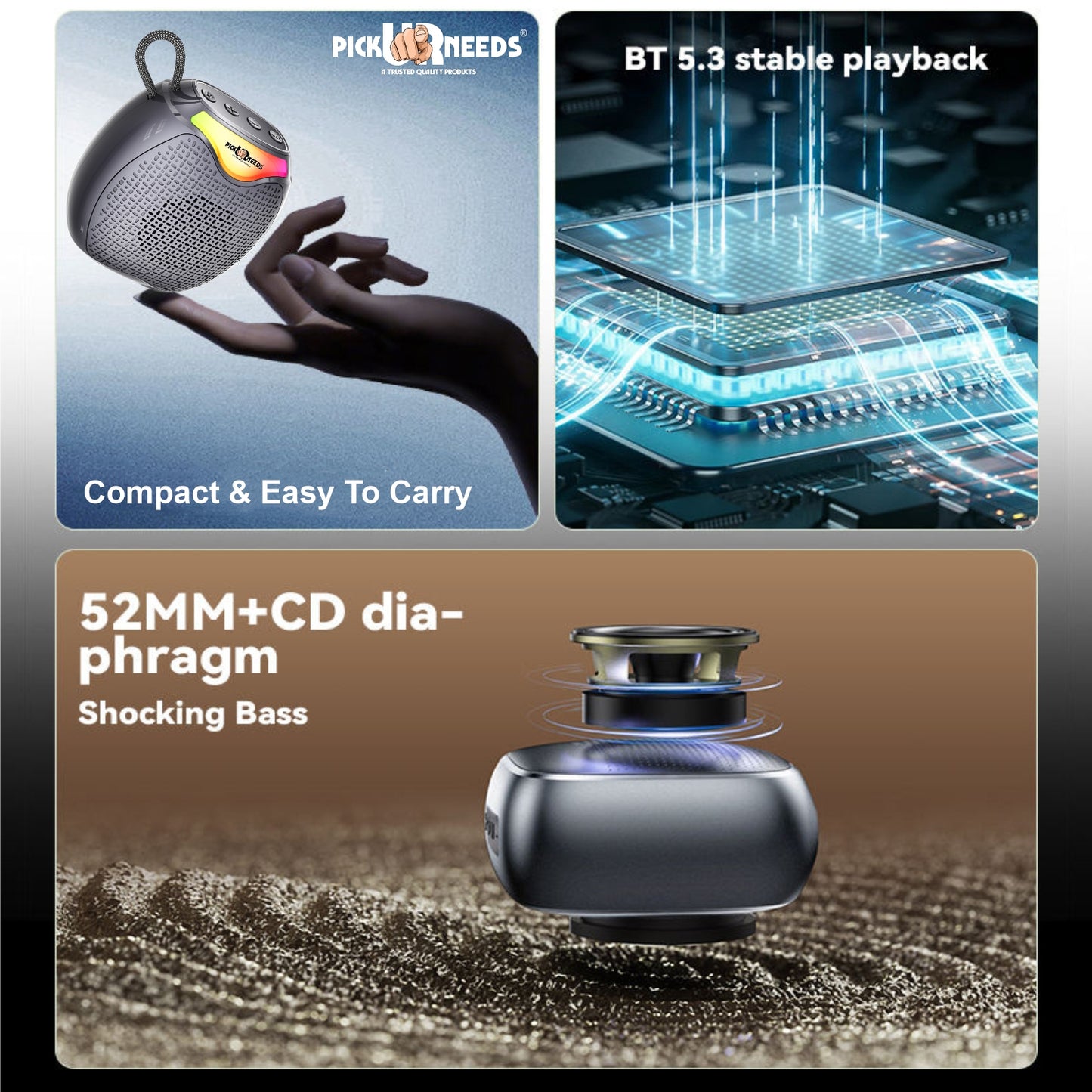 Pick Ur Needs 12W Portable Wireless Bluetooth Speaker with RGB Lights, 800mAh Battery, TWS, FM Radio, TF Card, USB 10m Wireless Transmission