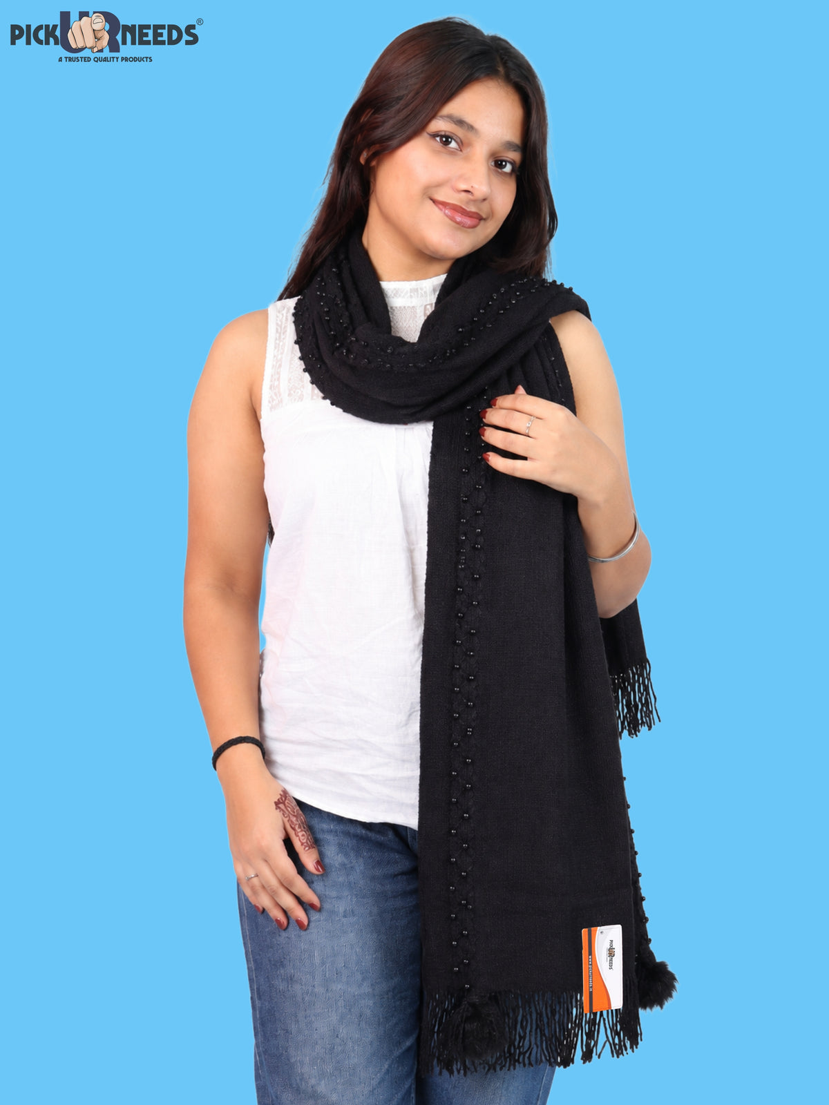 Pick Ur Needs Women & Girls Elegant Woolen Shawl with Beaded Border & Fringed Ends, Soft Warm Lightweight Winter Wrap Stole