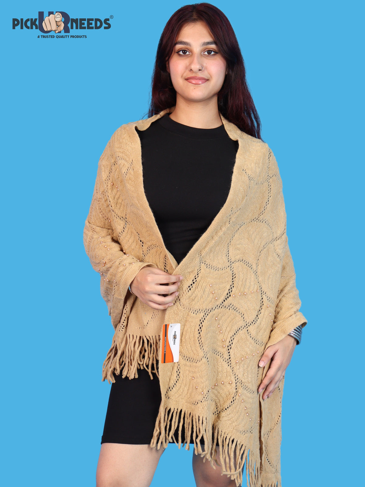 Pick Ur Needs Women & Girls Winter Warm Woolen Shawl Stole with Pearl Work & Fringes – Soft Stylish Wrap