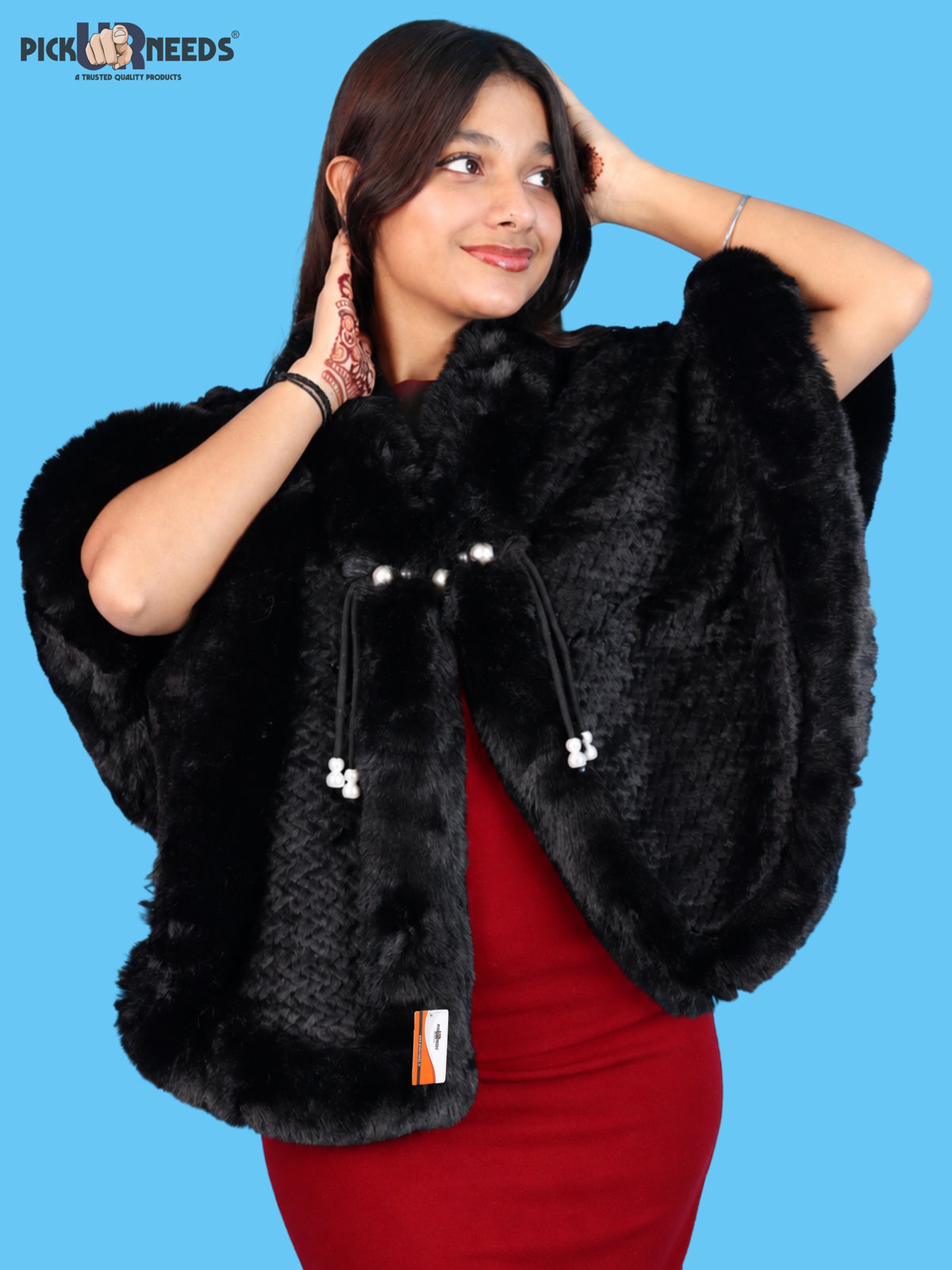 Pick Ur Needs Ladies Winter Shrug with Plush Fur Style Border & Pearl Bead Accents Textured Soft Fabric Open Front Cape Poncho with Wide Sleeves for Girls & Women