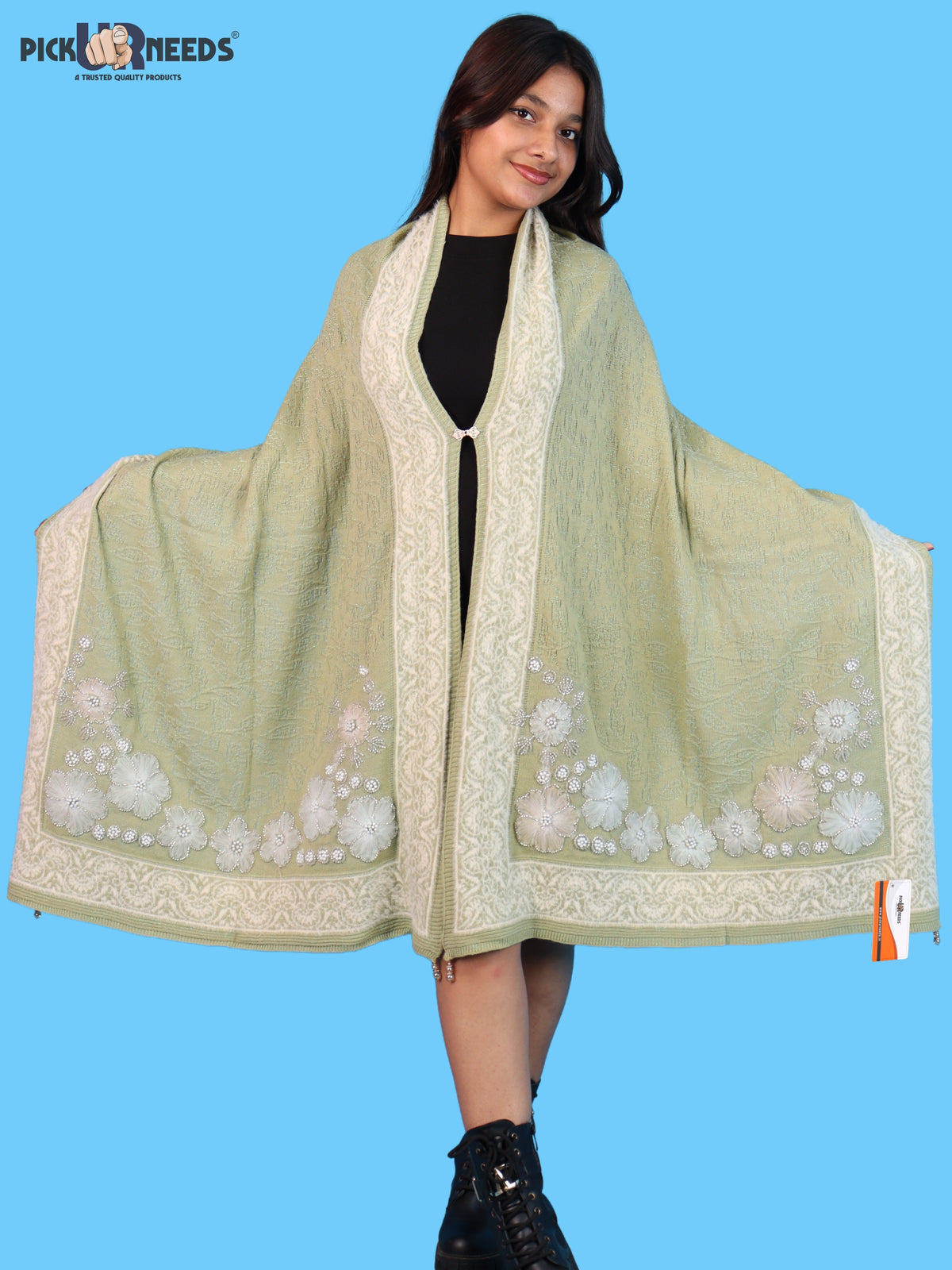 Pick Ur Needs Winter Woolen Womens Open Front Stylish Shrug with Elegant Floral Embroidery & Designer Border Soft Warm for Ladies & Girls