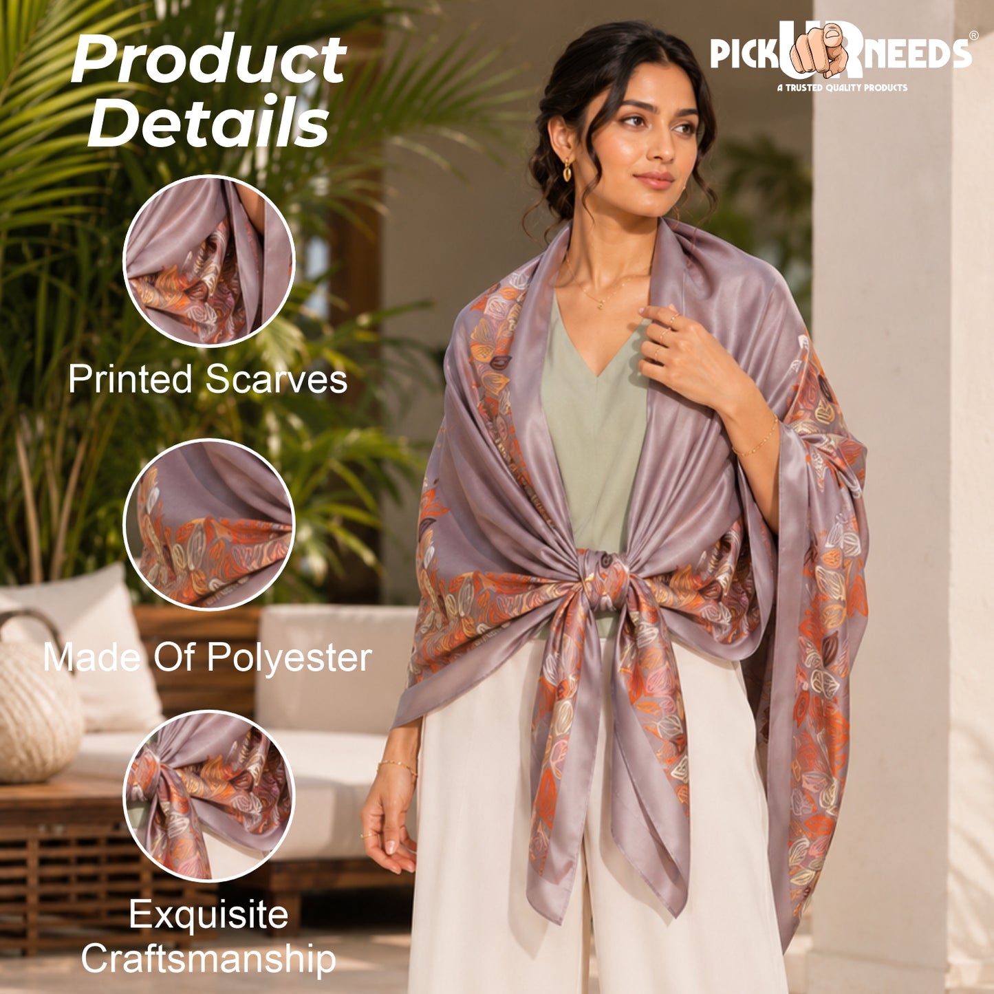 Pick Ur Needs Premium Satin Silk Feel Rectangle Scarf for Womens & Girls Floral Printed Long Fashion Stall Soft Lightweight Neck, Head & Shoulder Wrap