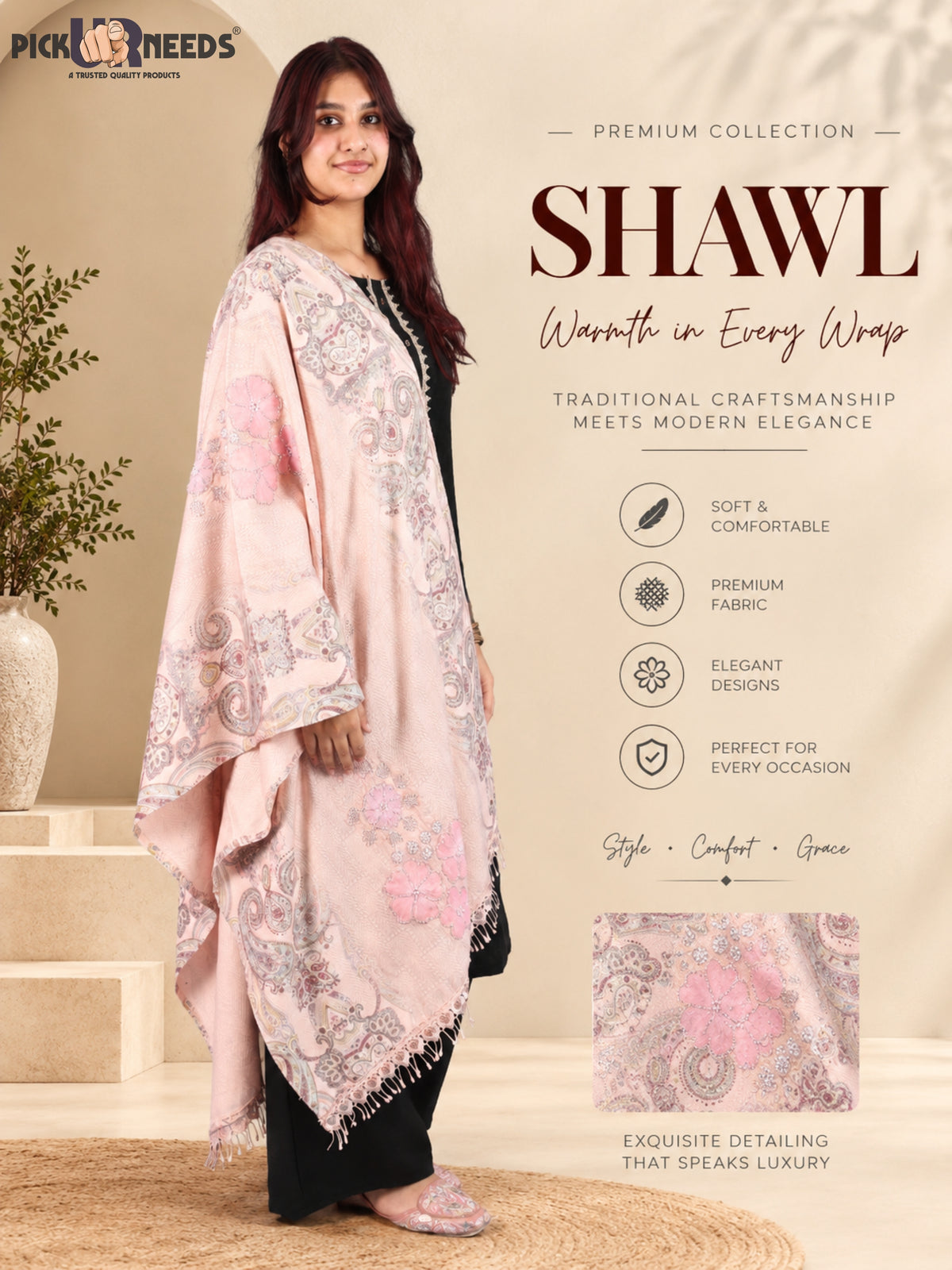 Pick Ur Needs Womens Designer Winter Elegant Floral Embellished Paisley Print Girls Shawl with Decorative Fringe Border