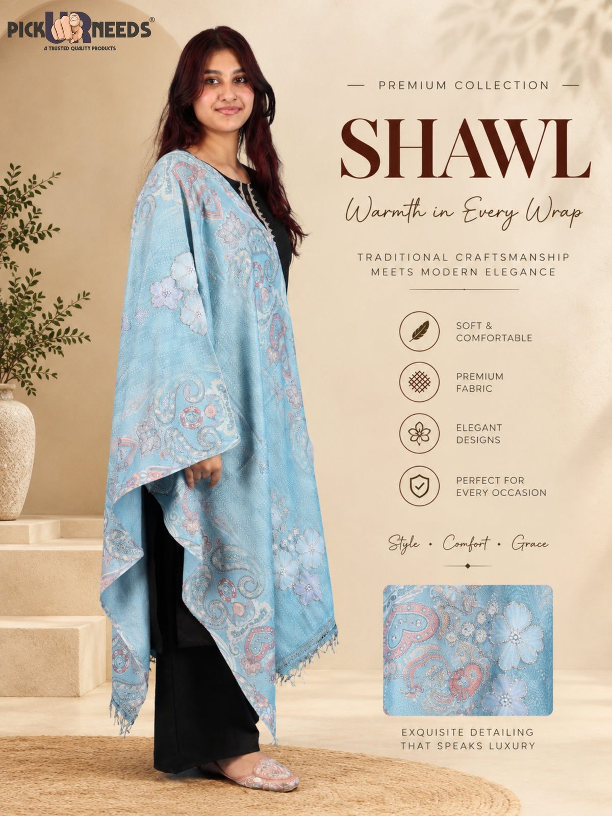 Pick Ur Needs Womens Designer Winter Elegant Floral Embellished Paisley Print Girls Shawl with Decorative Fringe Border