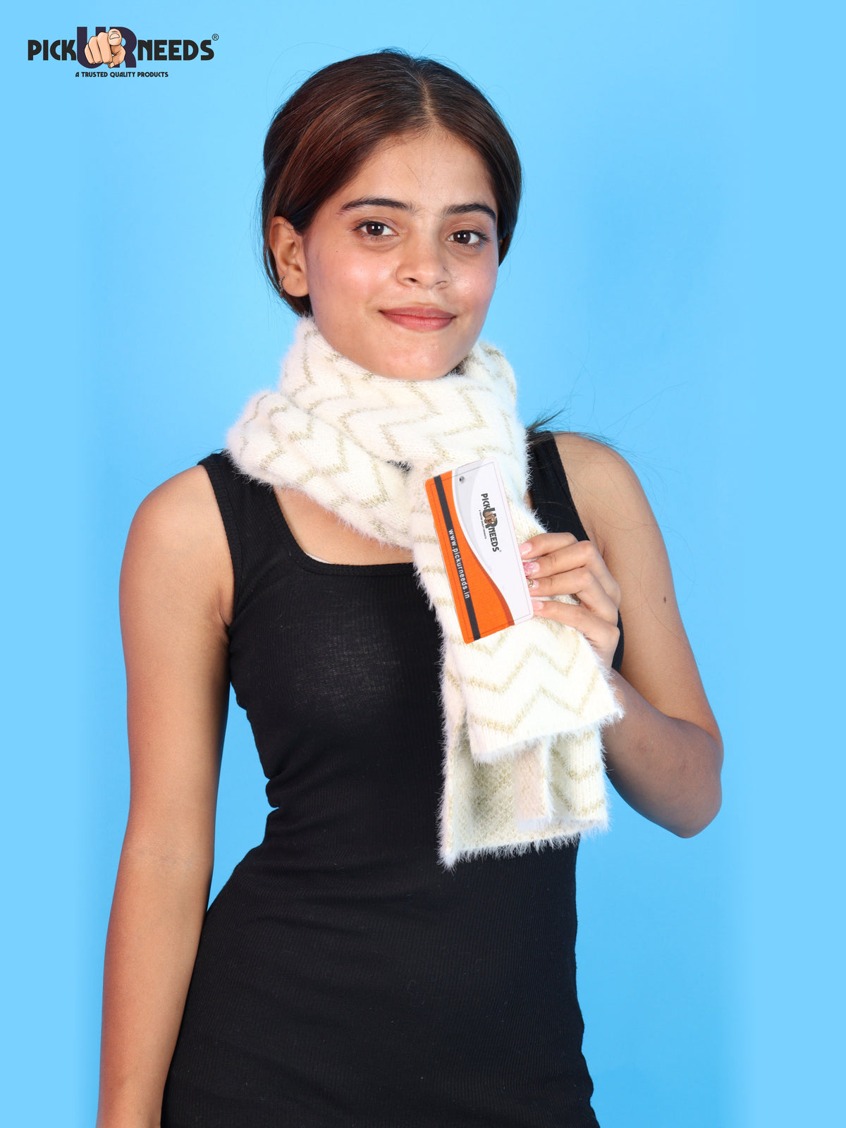 Pick Ur Needs Premium Woolen Winter Muffler with Gold Zigzag Pattern | Soft, Warm & Stylish Scarf for Women