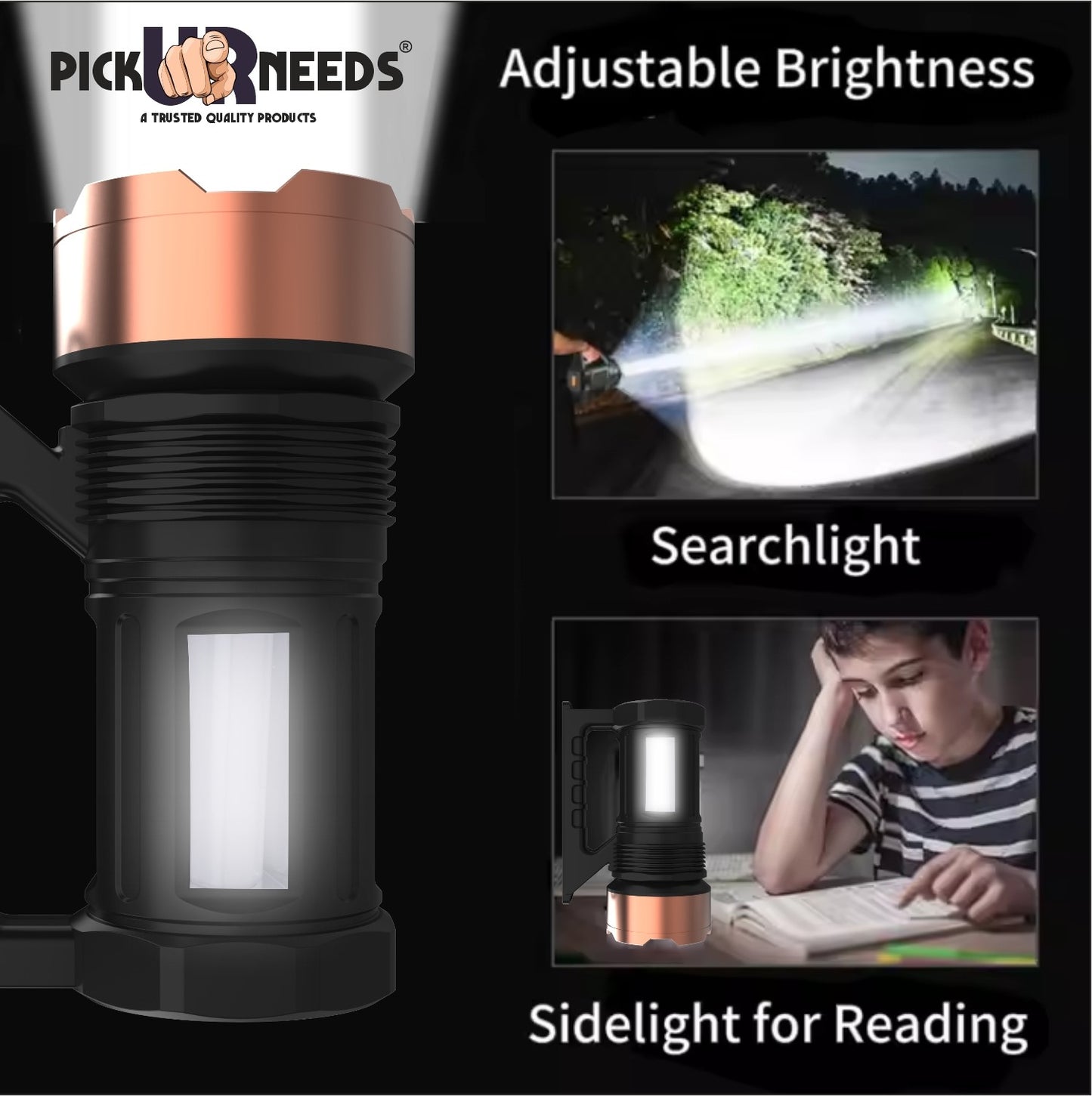 Pick Ur Needs Adjustable Focus 250 Watt Laser Torch Light 6000mAh Lithium Battery Metal Head 5 hrs Torch Emergency Light  (Copper)
