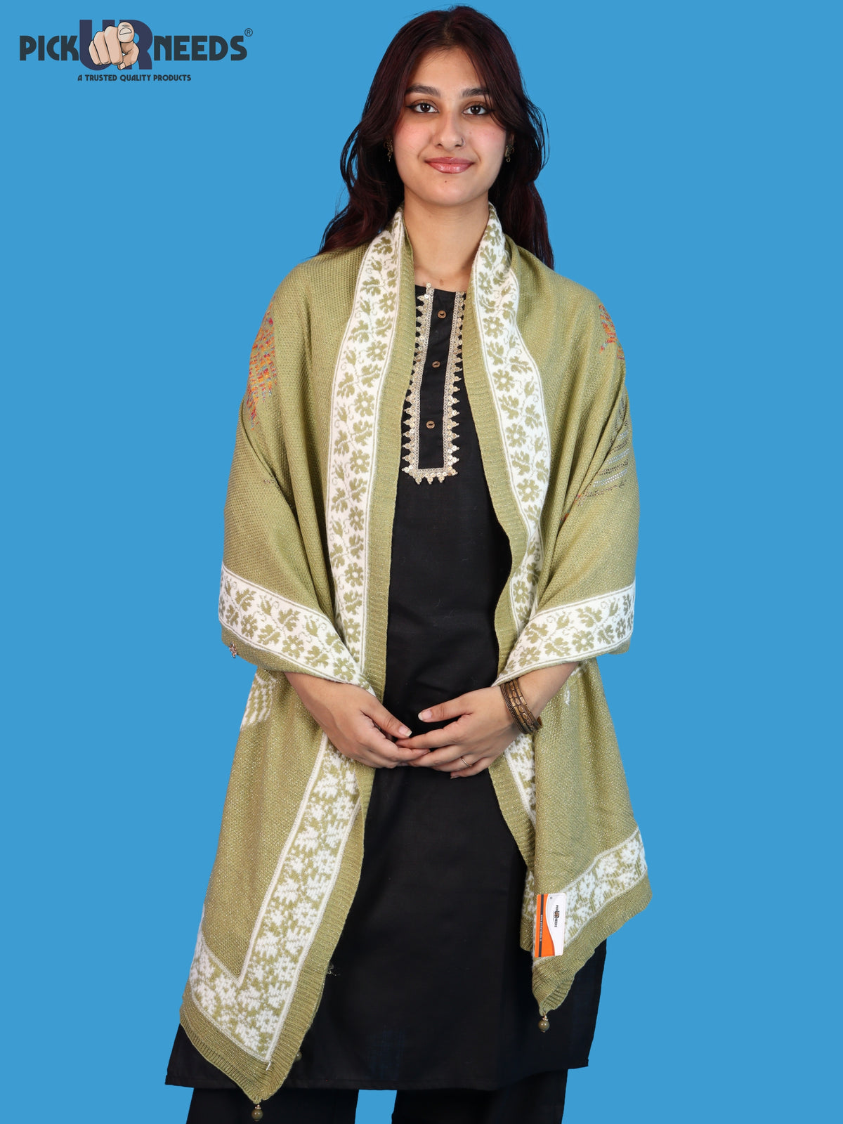 Pick Ur Needs Girls & Womens Winter Soft Lightweight Knitted Shawl with Leaf Design, Floral Border & Decorative Tassels