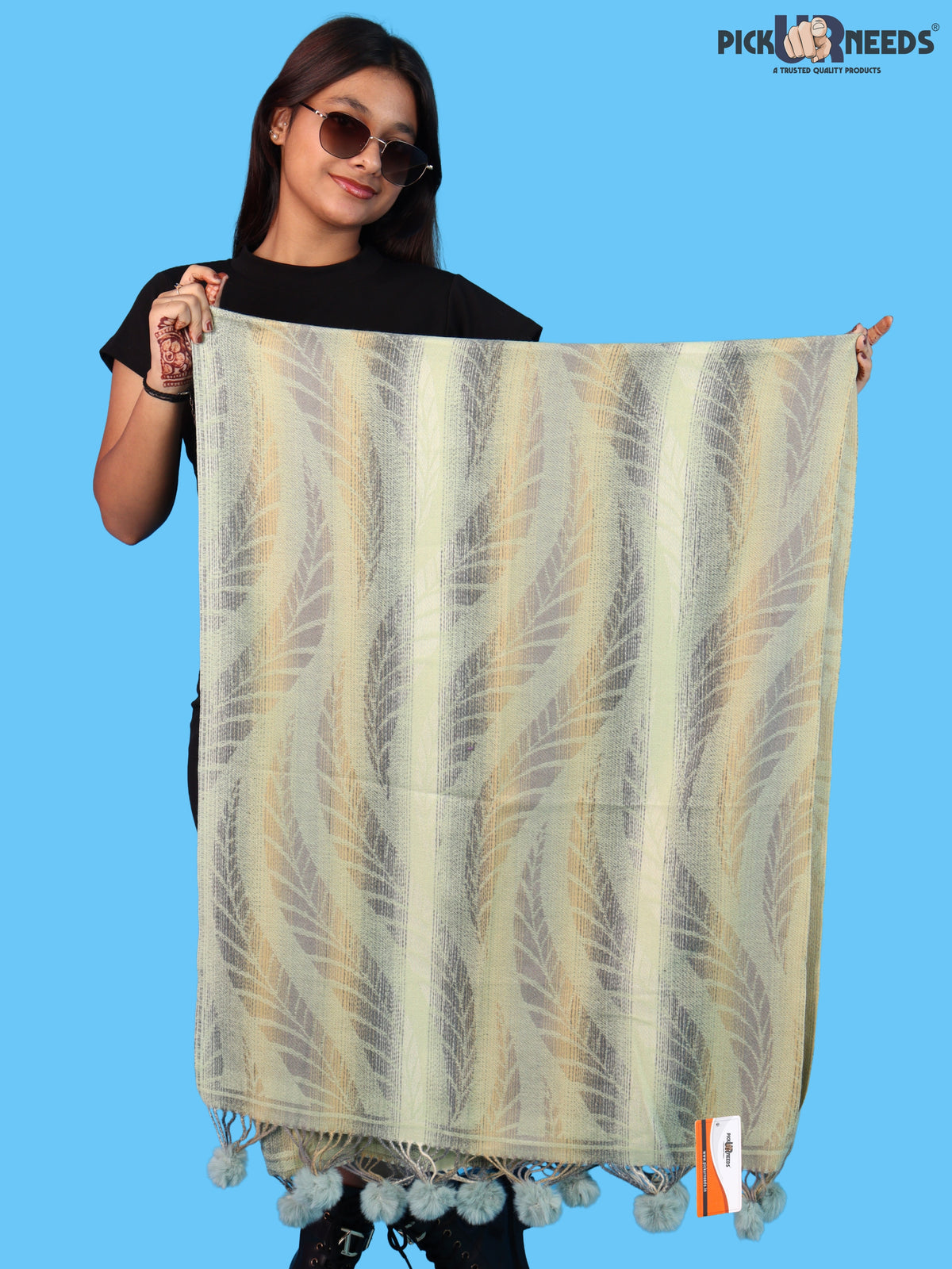 Pick Ur Needs Womens Designer Woolen Shawl & Stole with Elegant Leaf Pattern and Pom Pom Tassels, Winter Soft Warm Lightweight Winter Wrap