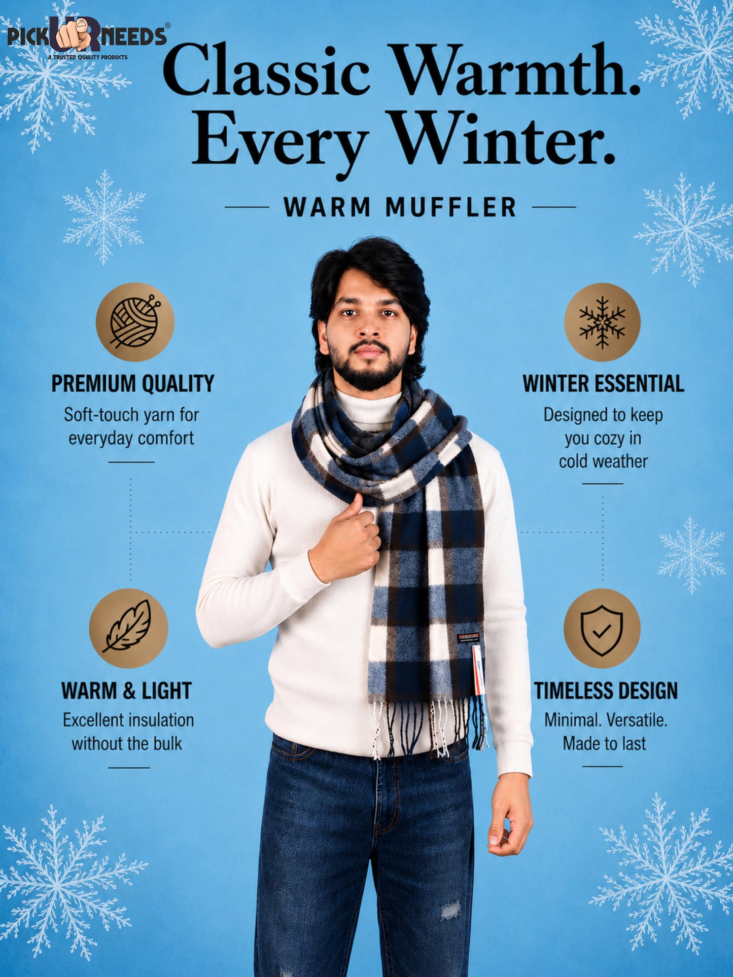 Pick Ur Needs Men’s Winter Muffler Shawl Soft Warm Checkered Scarf with Fringes  Stylish Neck Wrap for Men & Boys  Winter Wear Accessory