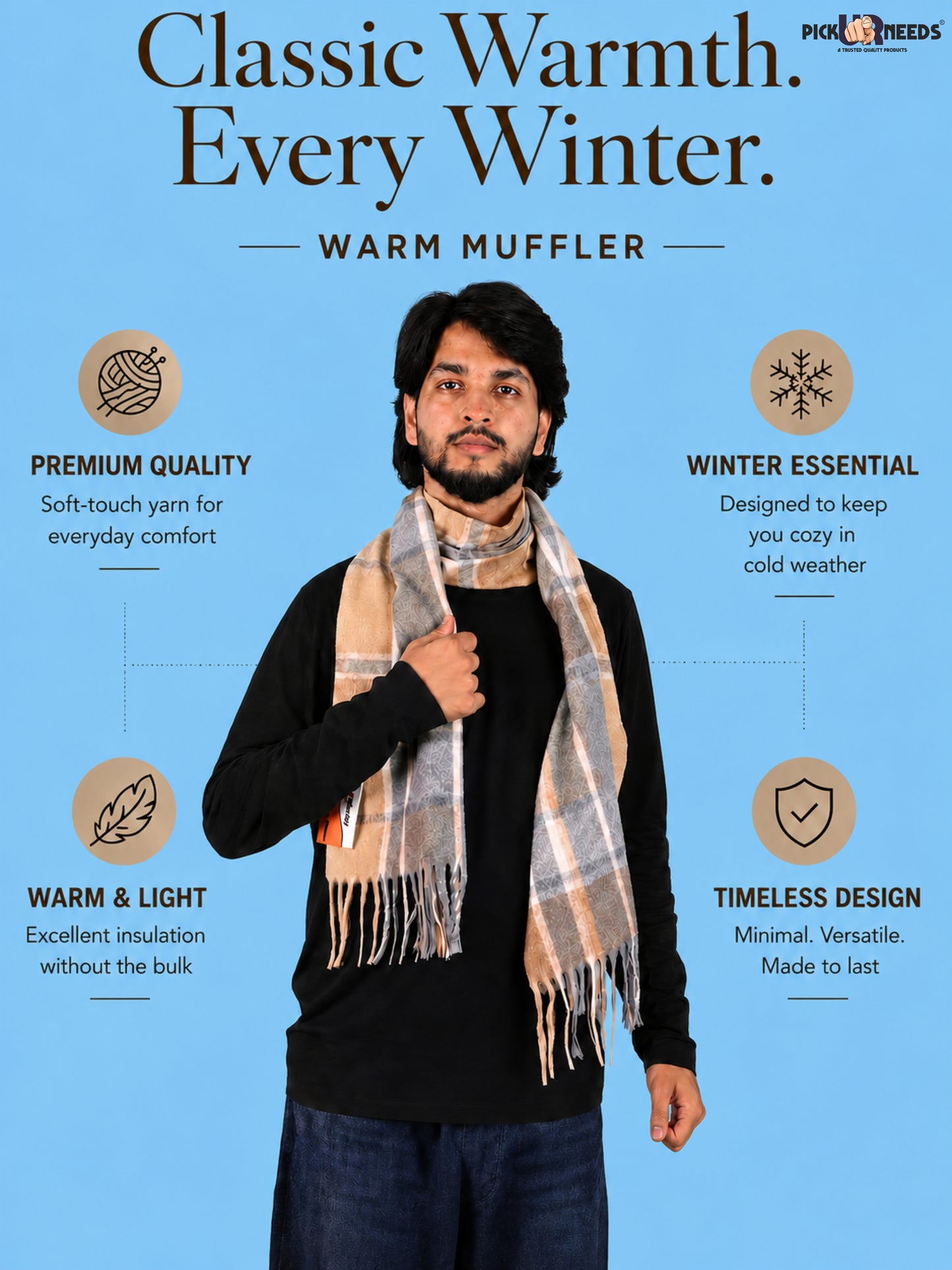 Pick Ur Needs Men’s Winter Muffler Shawl Soft Warm Checkered Scarf with Fringes  Stylish Neck Wrap for Men & Boys  Winter Wear Accessory