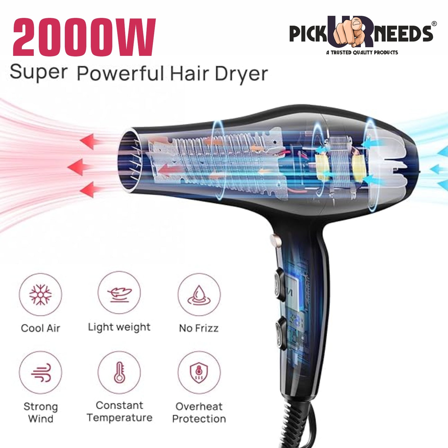 Pick Ur Needs Professional Hair Dryer 2000W Hot & Cold Air 2 Speed Settings Hair Styling Hair Dryer