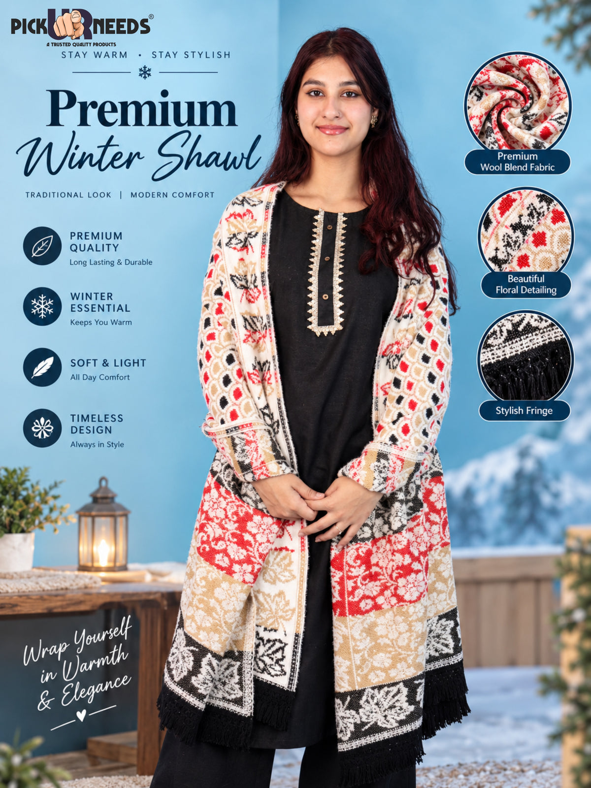 Pick Ur Needs Womens & Girls Winter Premium Shawl Floral Patterned Wool Blend Wrap with Decorative Border & Fringe Finish