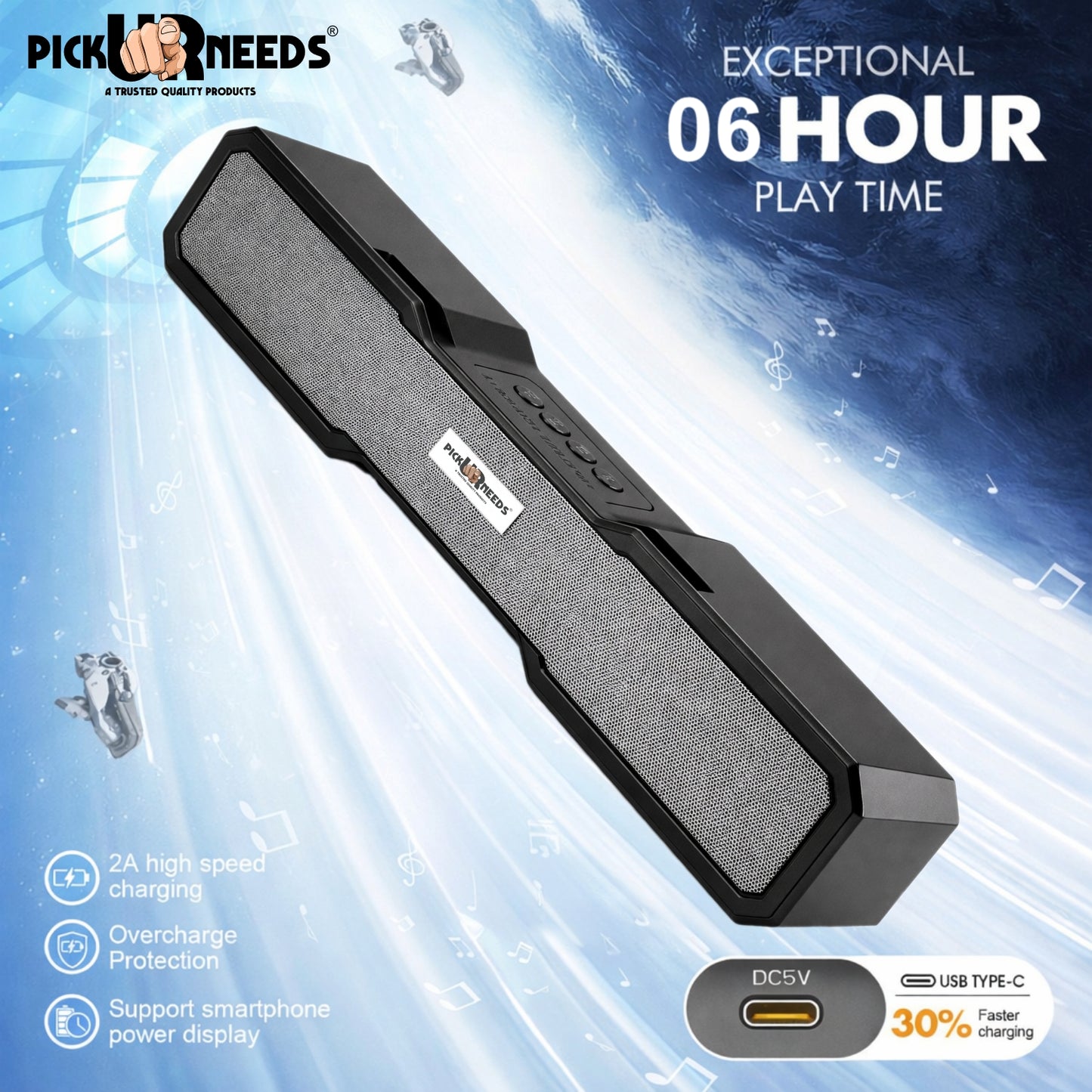 Pick Ur Needs Rechargeable 10W Smart Wireless Desktop Soundbar Speaker with Bluetooth 2400mAh Battery, FM Radio, TWS, TF Card, USB & AUX Support – 6 Hours Playtime