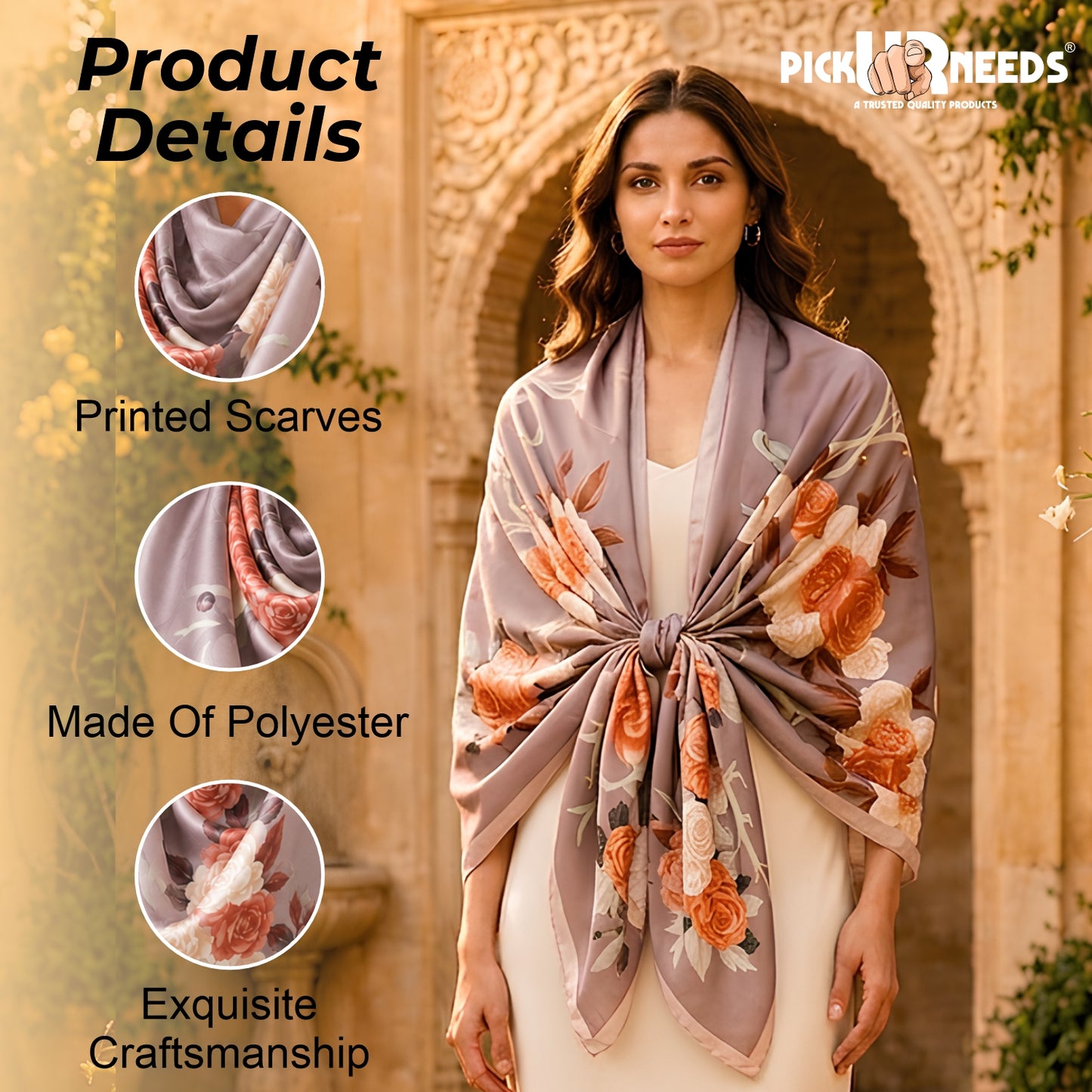 Pick Ur Needs Summer Silk Floral Printed Scarf for Womens & Girls Elegant Neck, Head & Shoulder Wrap Soft Lightweight Fashion Stole