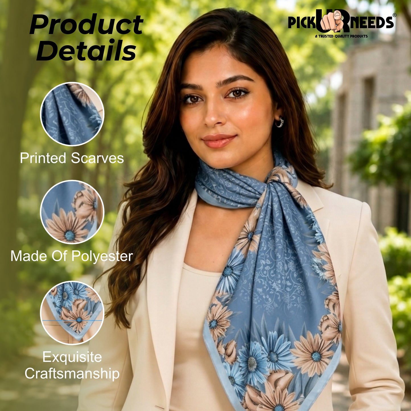 Pick Ur Needs Premium Summer Satin Silk Floral Printed Scarf for Womens & Girls Neck, Head, Shoulder Wrap Stole