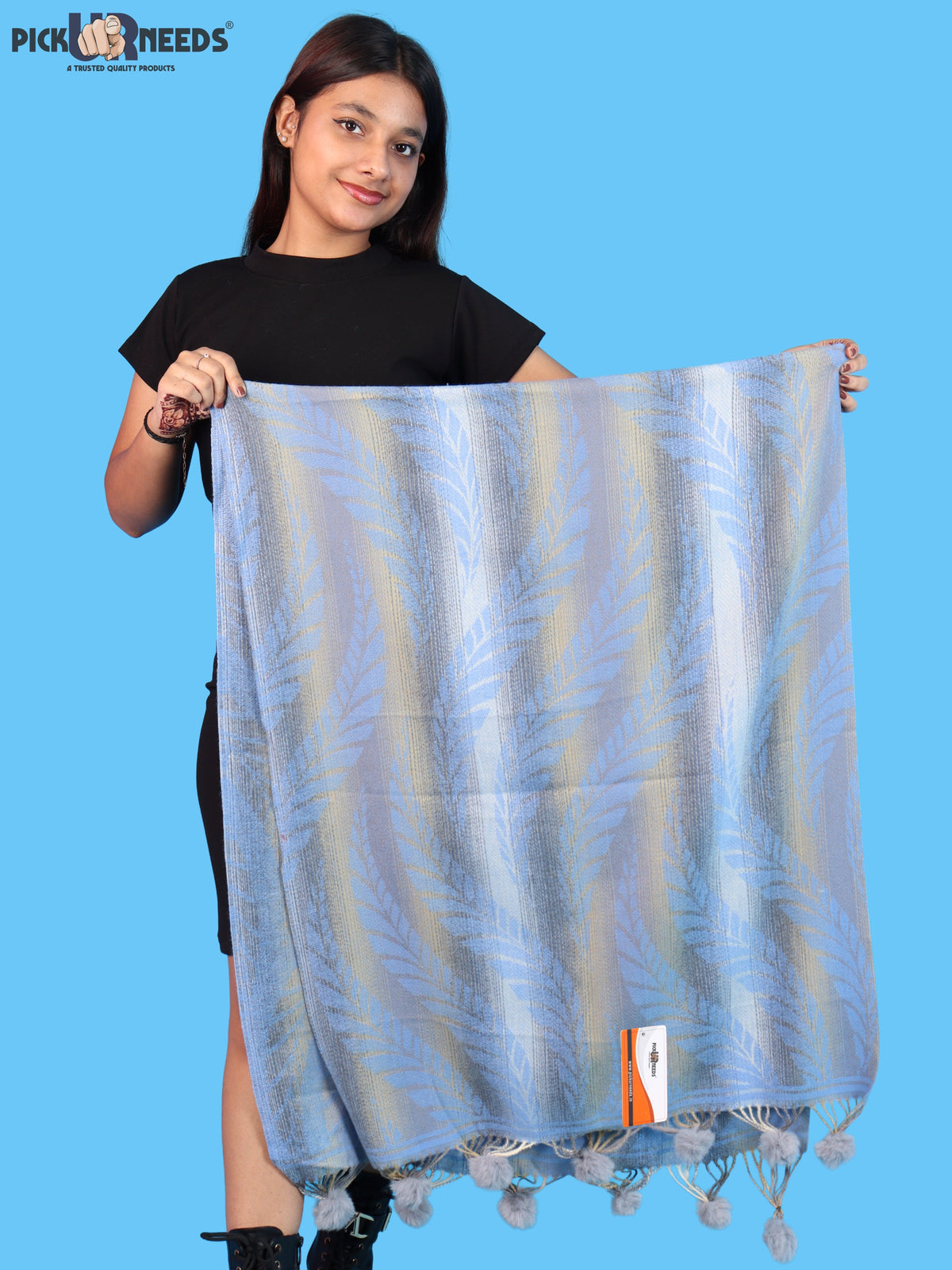 Pick Ur Needs Womens Designer Woolen Shawl & Stole with Elegant Leaf Pattern and Pom Pom Tassels, Winter Soft Warm Lightweight Winter Wrap