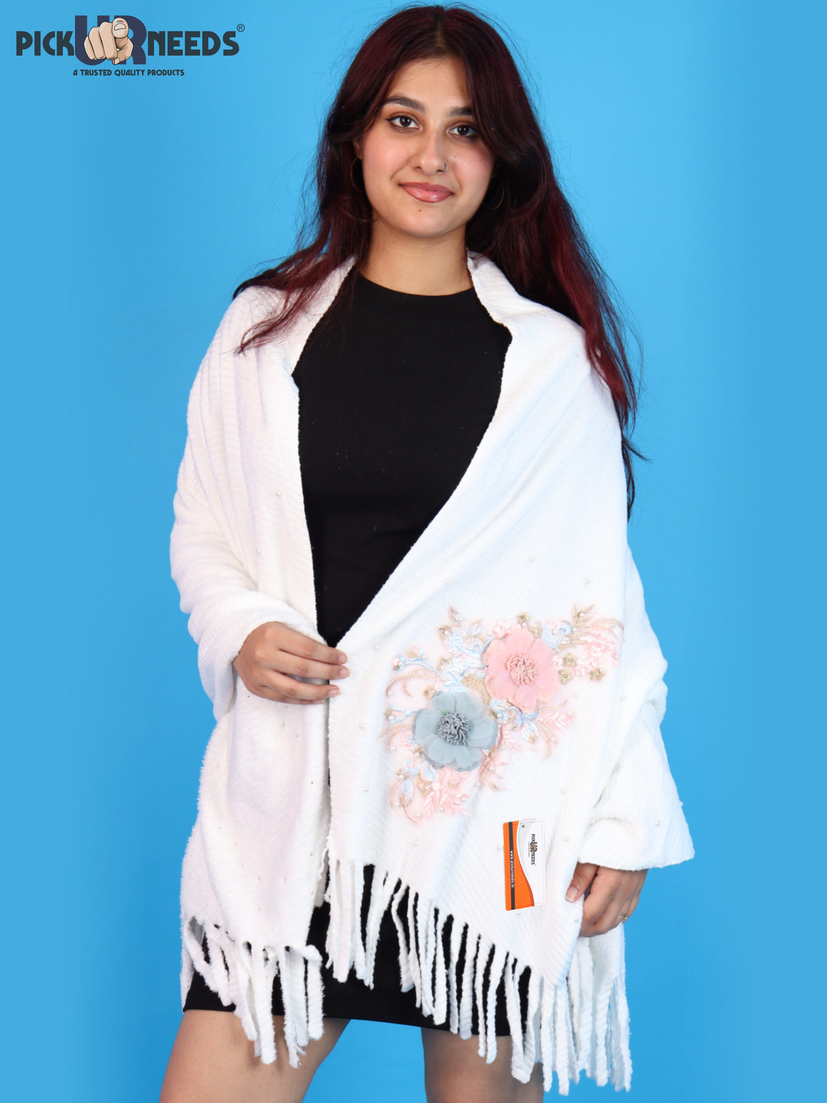 Pick Ur Needs Premium Floral Embroidered Winter Shawl Stole Soft Warm Wrap with Pearl Embellishments & Fringed Border For Girls & Womens