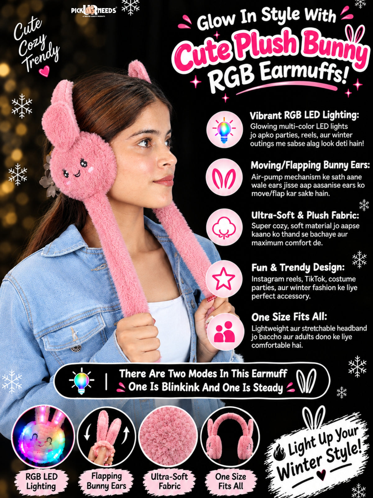 Pick Ur Needs Plush Bunny Cute Earmuffs for Girls & Women with RGB LED Lights,Ultra Soft Warm Winter Moving Flapping Ears Muffs