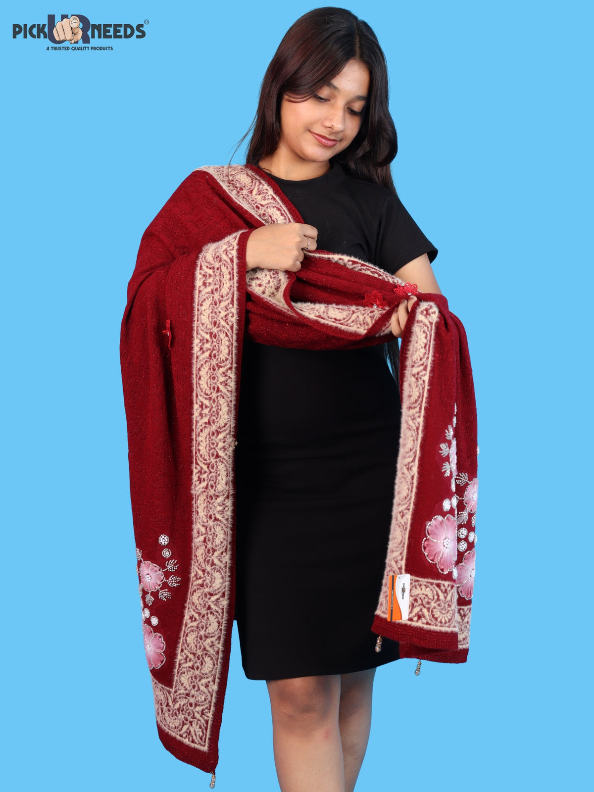 Pick Ur Needs Winter Woolen Womens Open Front Stylish Shrug with Elegant Floral Embroidery & Designer Border Soft Warm for Ladies & Girls