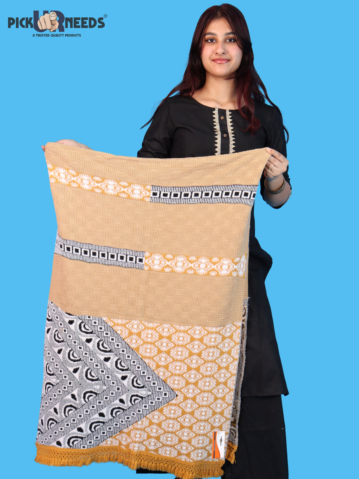 Pick Ur Needs Winter Girls & Womens Woolen Shawl, Soft Warm Printed Wrap with Elegant Pattern & Fringe Border