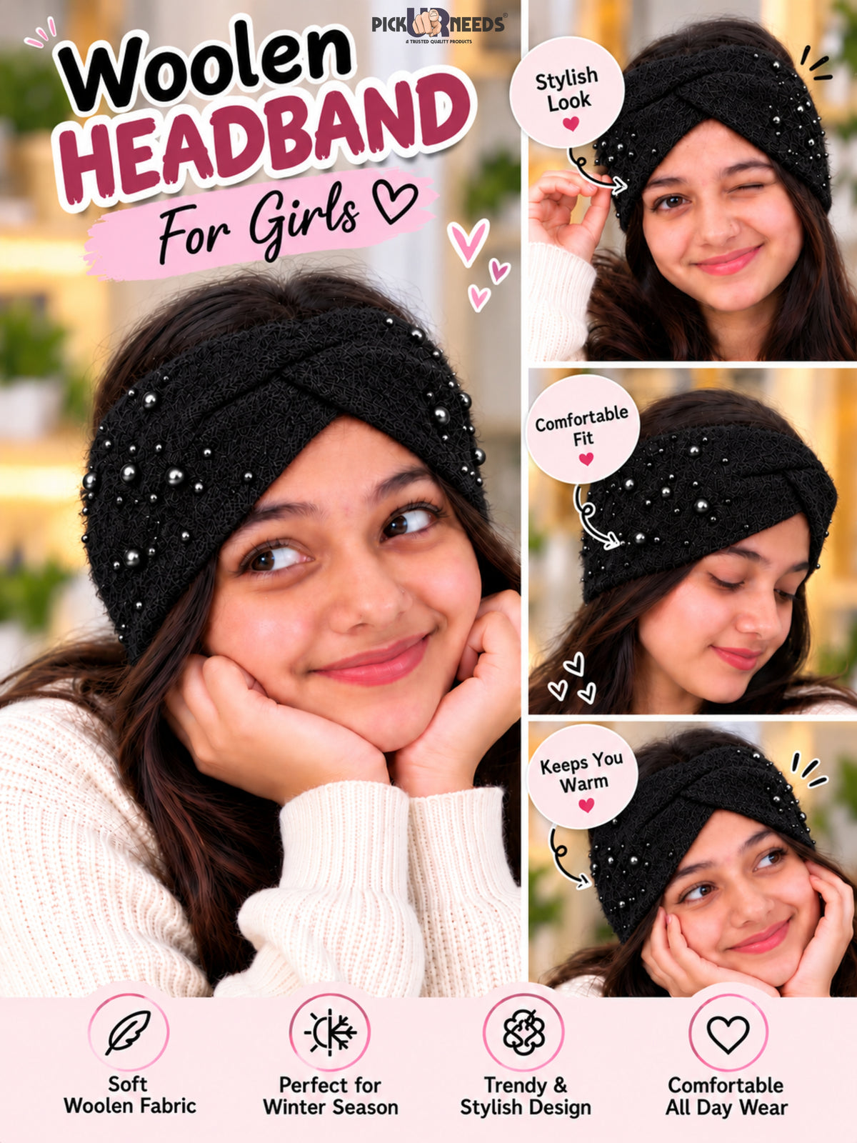 Pick Ur Needs Winter Ear Warmer Kanpatti Soft Woolen Headband with Elegant Pearl Design Warm Stretchable For Womens & Girls
