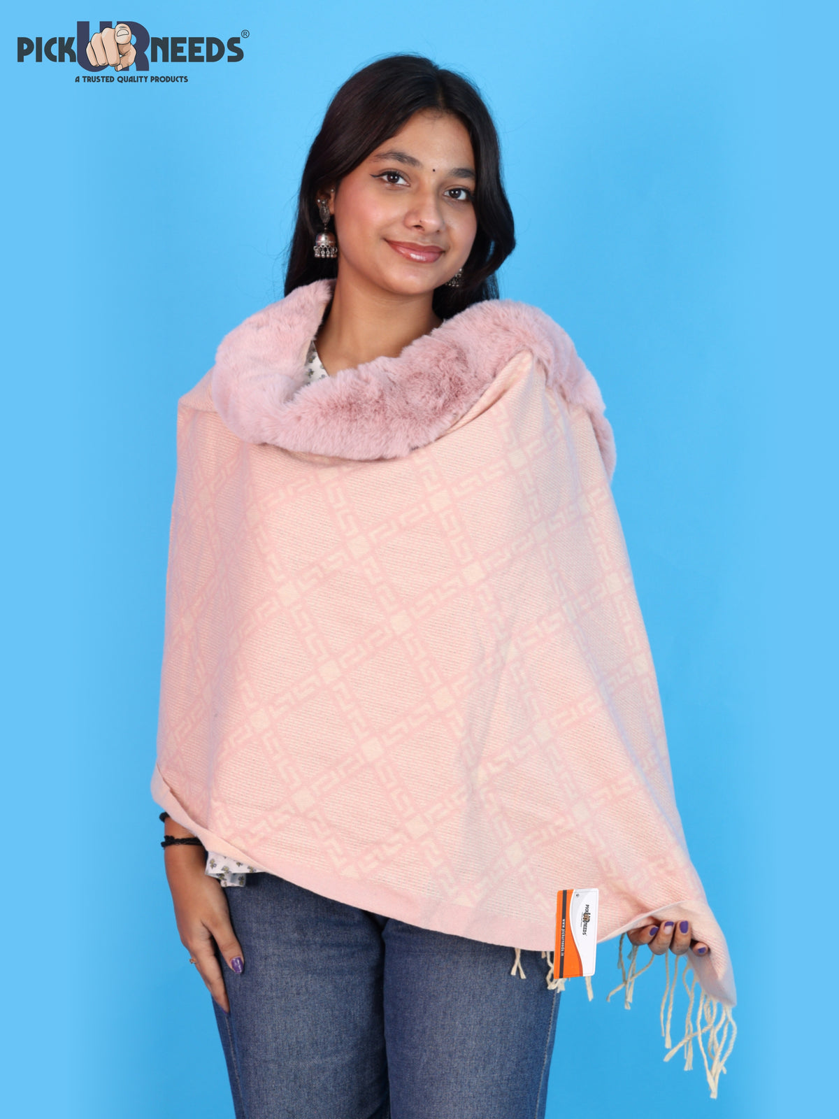 Pick Ur Needs Stylish Womens & Girls Winter Wear Shawl with Fur-Style Soft Warm Printed Wrap Stole with Fringes