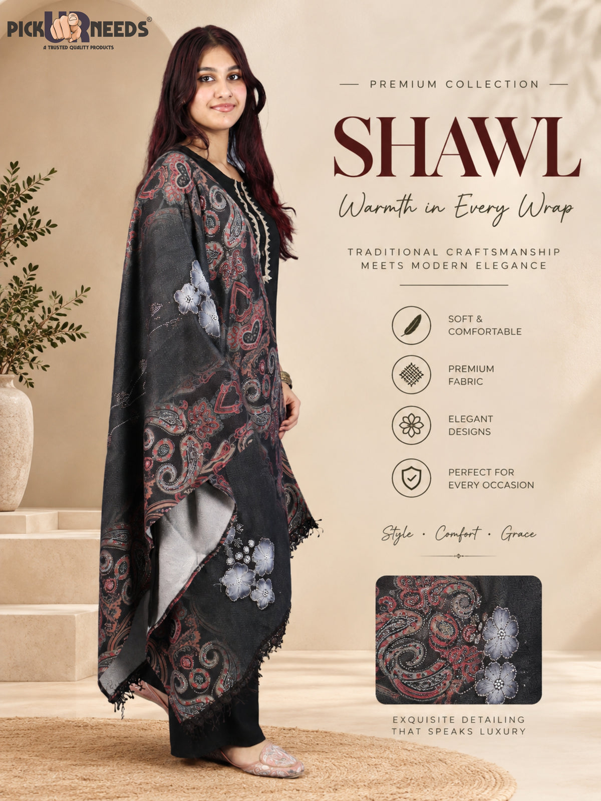 Pick Ur Needs Womens Designer Winter Elegant Floral Embellished Paisley Print Girls Shawl with Decorative Fringe Border