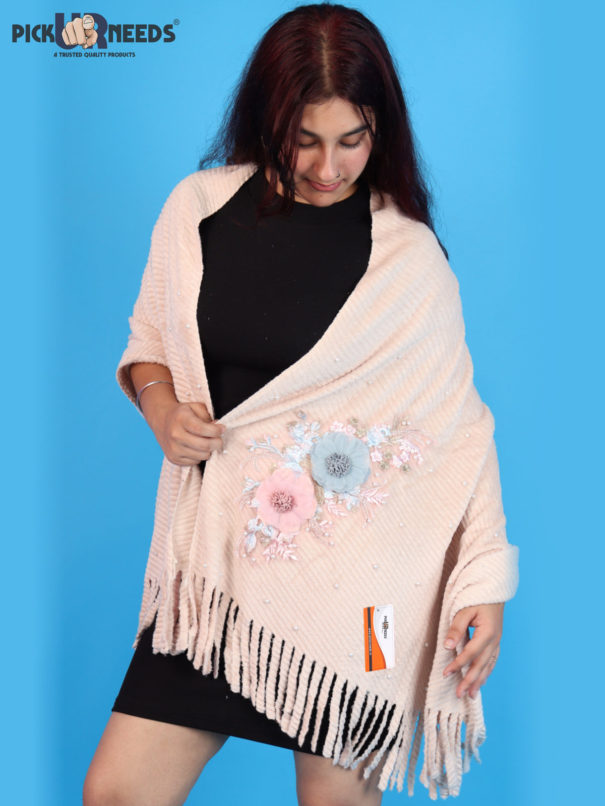 Pick Ur Needs Premium Floral Embroidered Winter Shawl Stole Soft Warm Wrap with Pearl Embellishments & Fringed Border For Girls & Womens