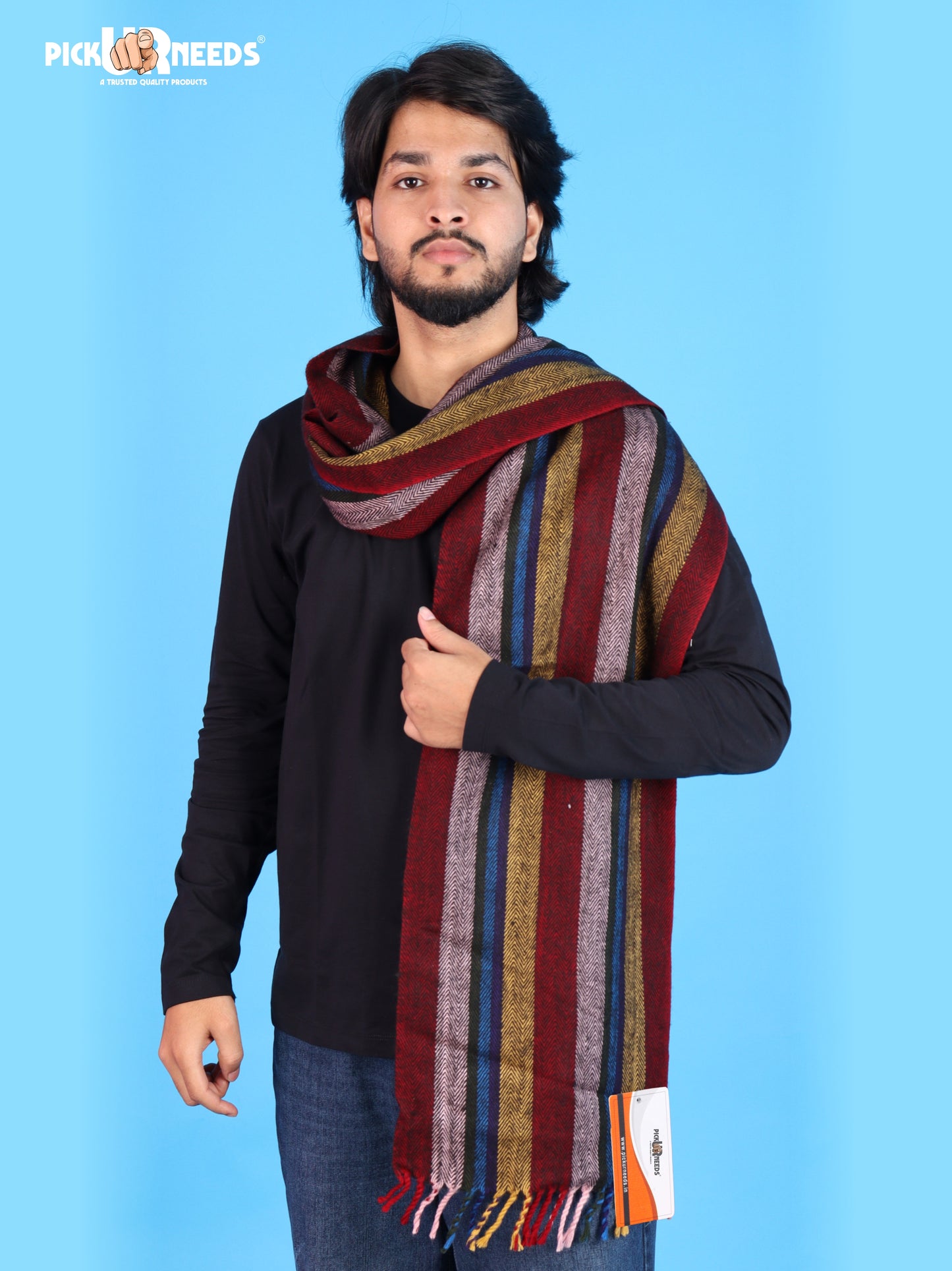 Pick Ur Needs Men's Muffler With Multi Color Strips Design Woolem Blend Fabric Stylish Tussles Ends Muffler For Men