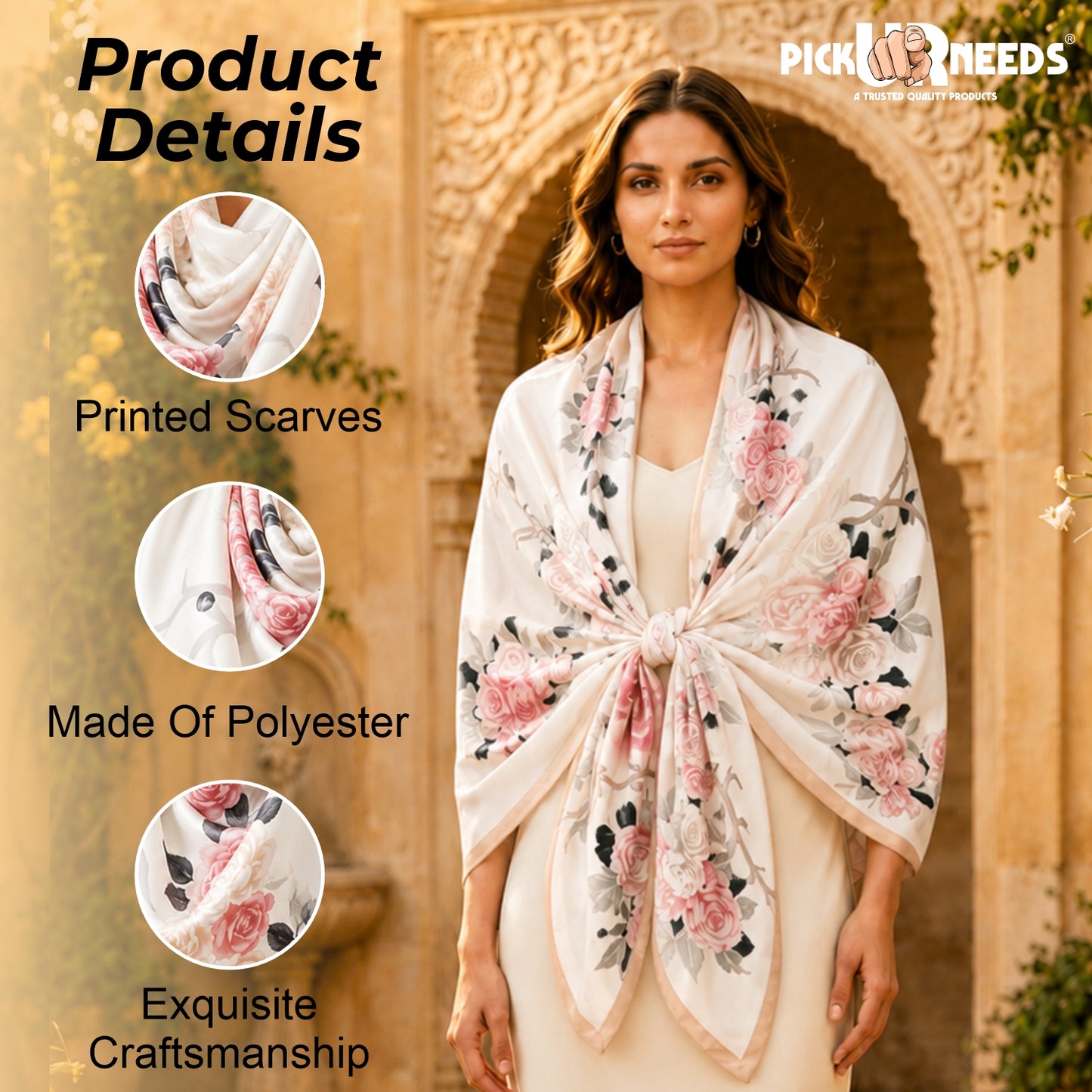 Pick Ur Needs Summer Silk Floral Printed Scarf for Womens & Girls Elegant Neck, Head & Shoulder Wrap Soft Lightweight Fashion Stole
