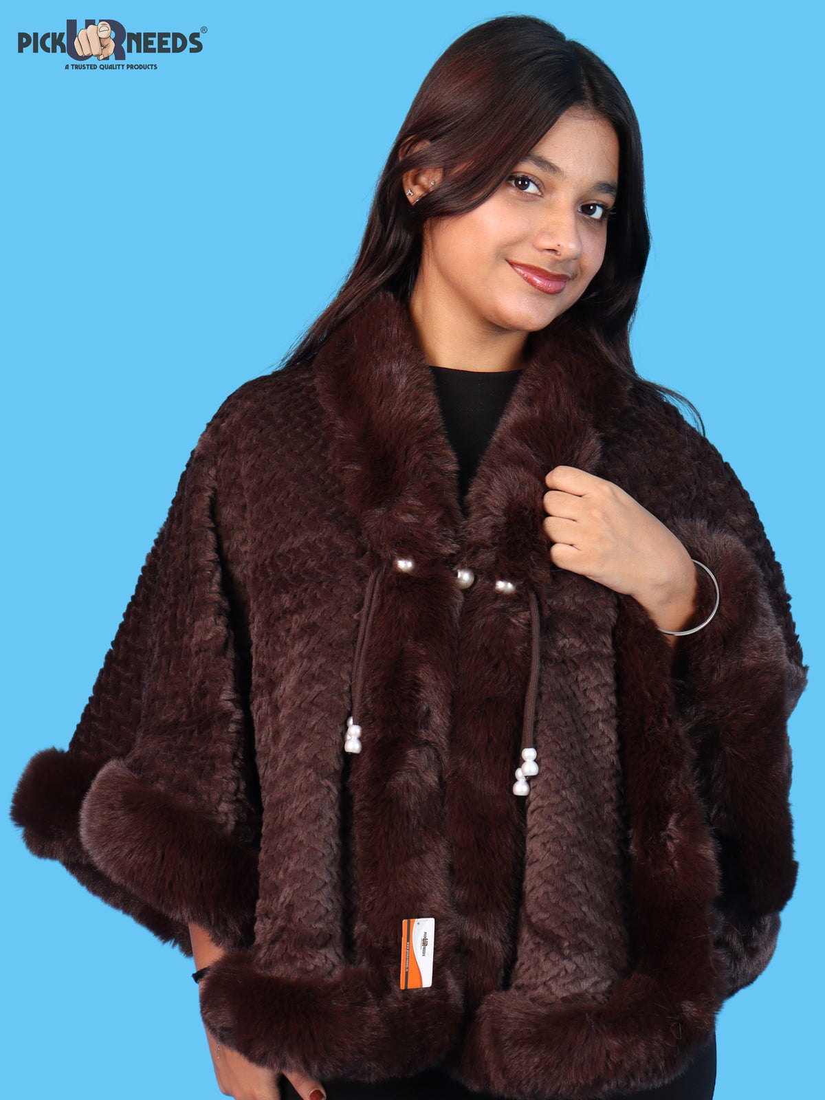 Pick Ur Needs Ladies Winter Shrug with Plush Fur Style Border & Pearl Bead Accents Textured Soft Fabric Open Front Cape Poncho with Wide Sleeves for Girls & Women