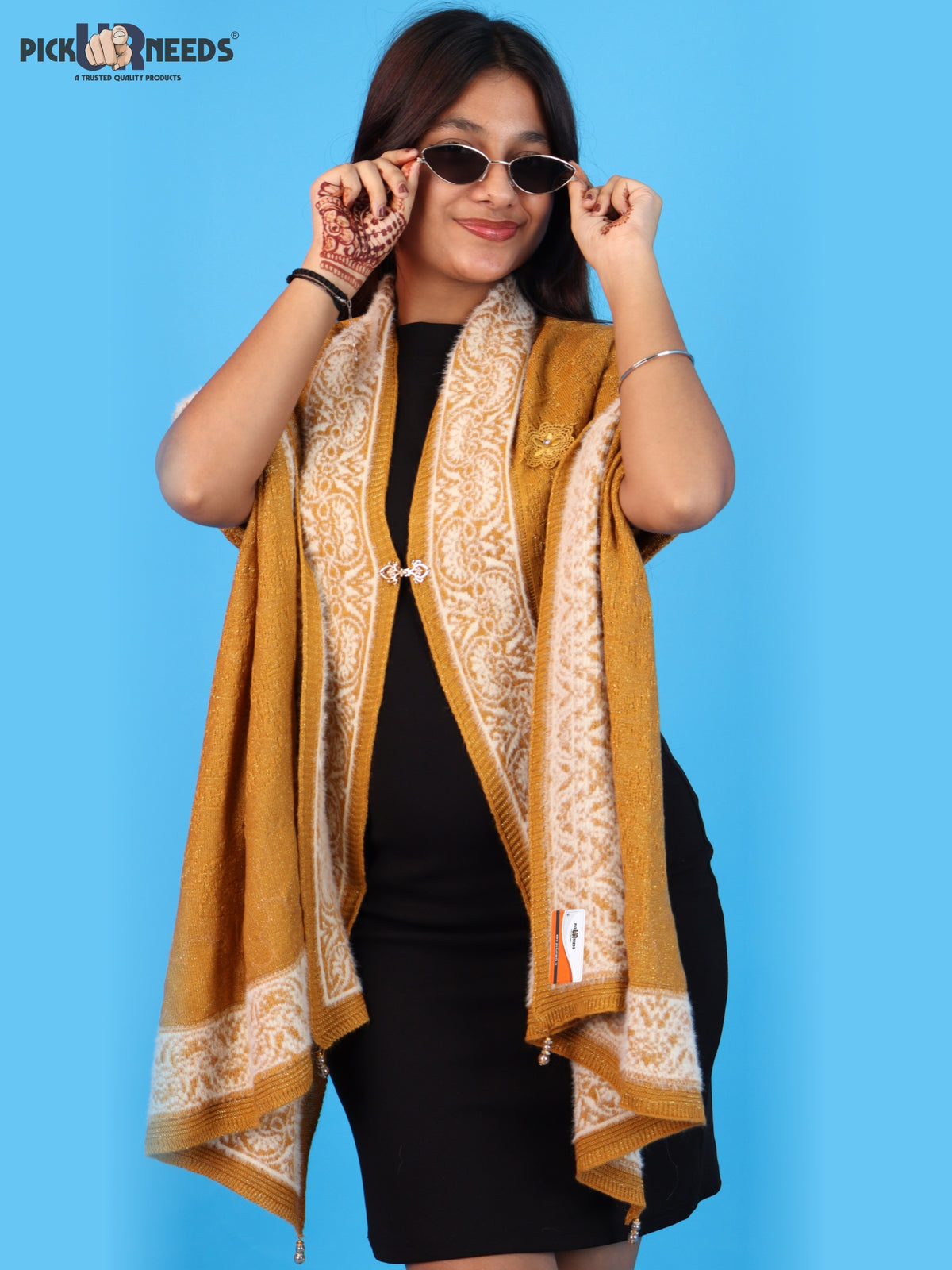 Pick Ur Needs Winter Woolen Womens Open Front Stylish Shrug with Elegant Floral Embroidery & Designer Border Soft Warm for Ladies & Girls