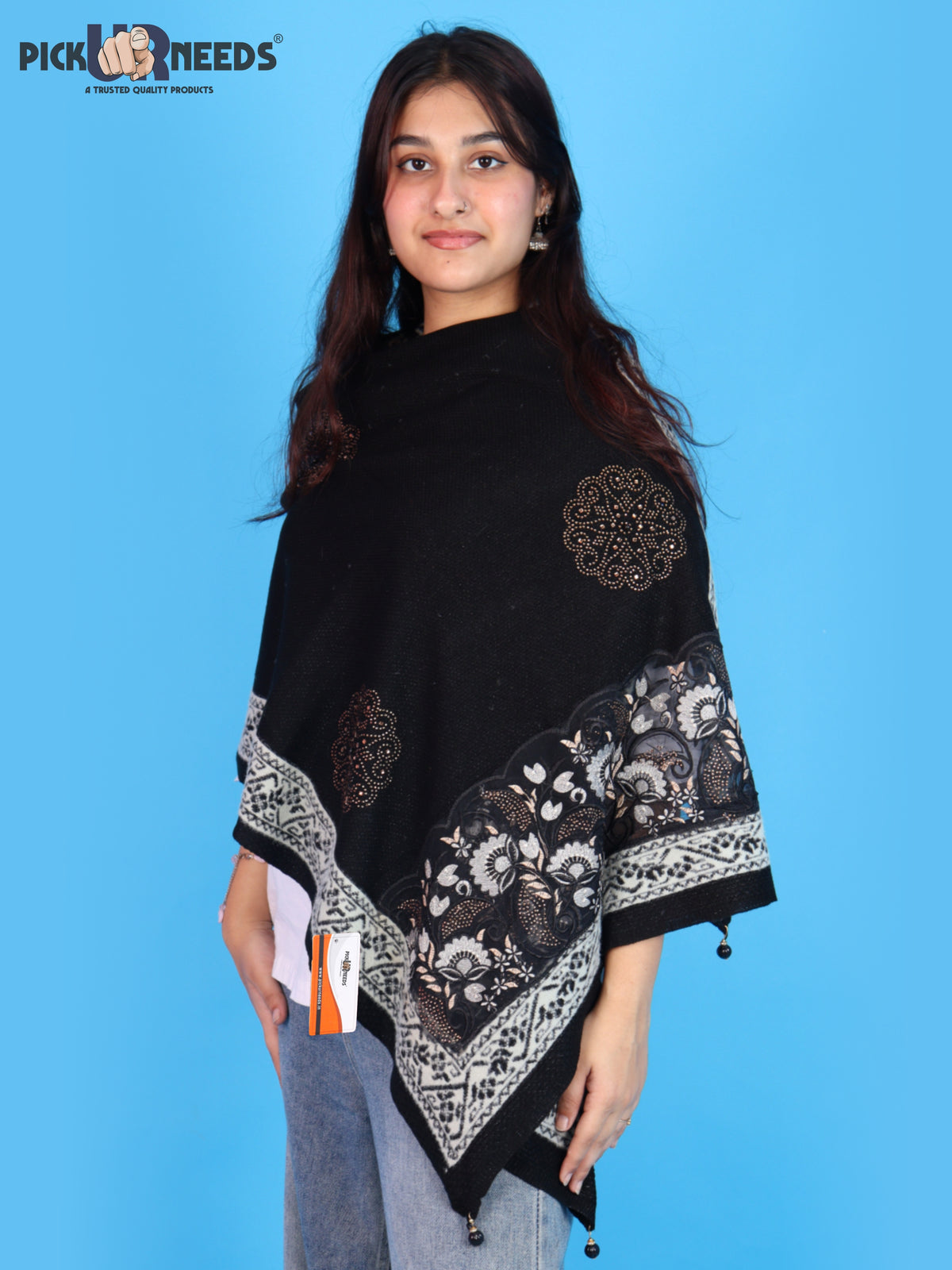 Pick Ur Needs Women Winter Shawl with Net Work Border Shrug & Poncho Style Elegant Winter Wear for Party
