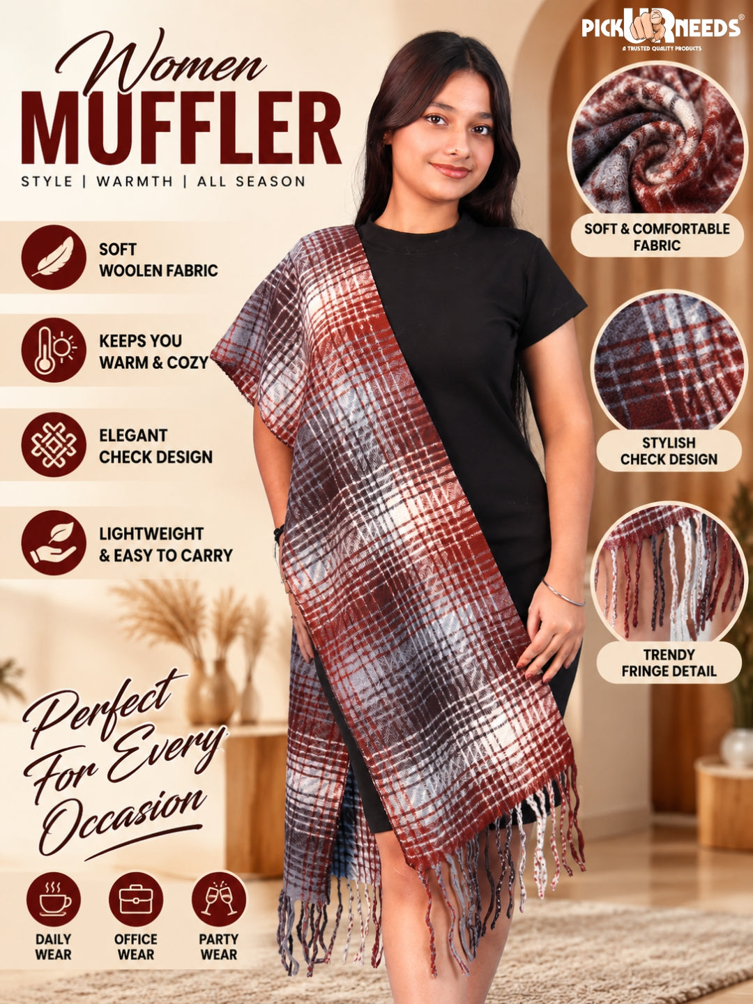 Pick Ur Needs Soft Woolen Girl's Muffler Scarf with Elegant Check Pattern,Warm & Cozy Winter Neck Wrap, Stylish Fringed Stole for Women & Girls