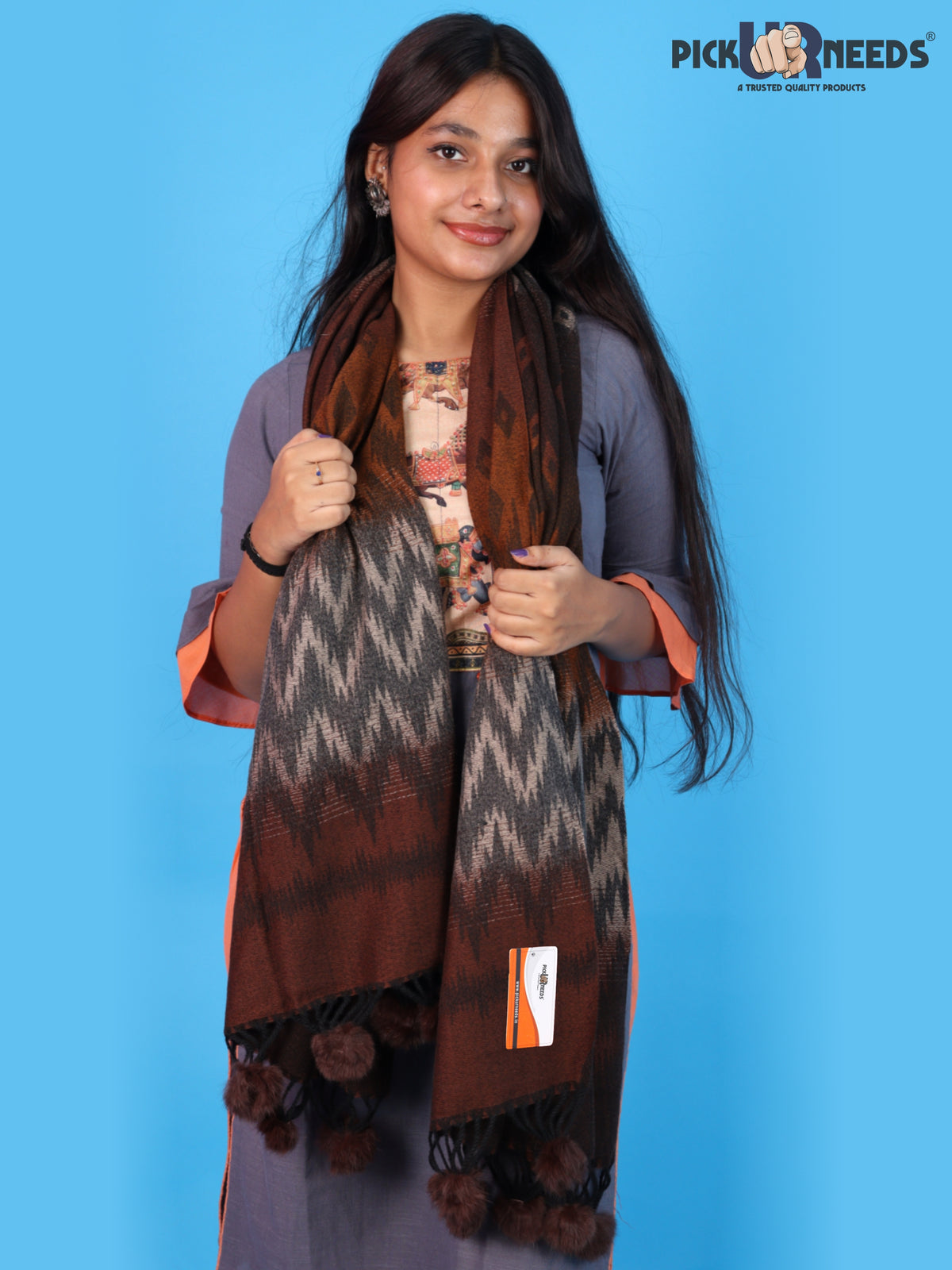 Pick Ur Needs Women Winter Shawl Soft Warm Geometric Printed Woolen Style Stole with Pom Pom Tassels Stylish Long Wrap Muffler for Women & Girls