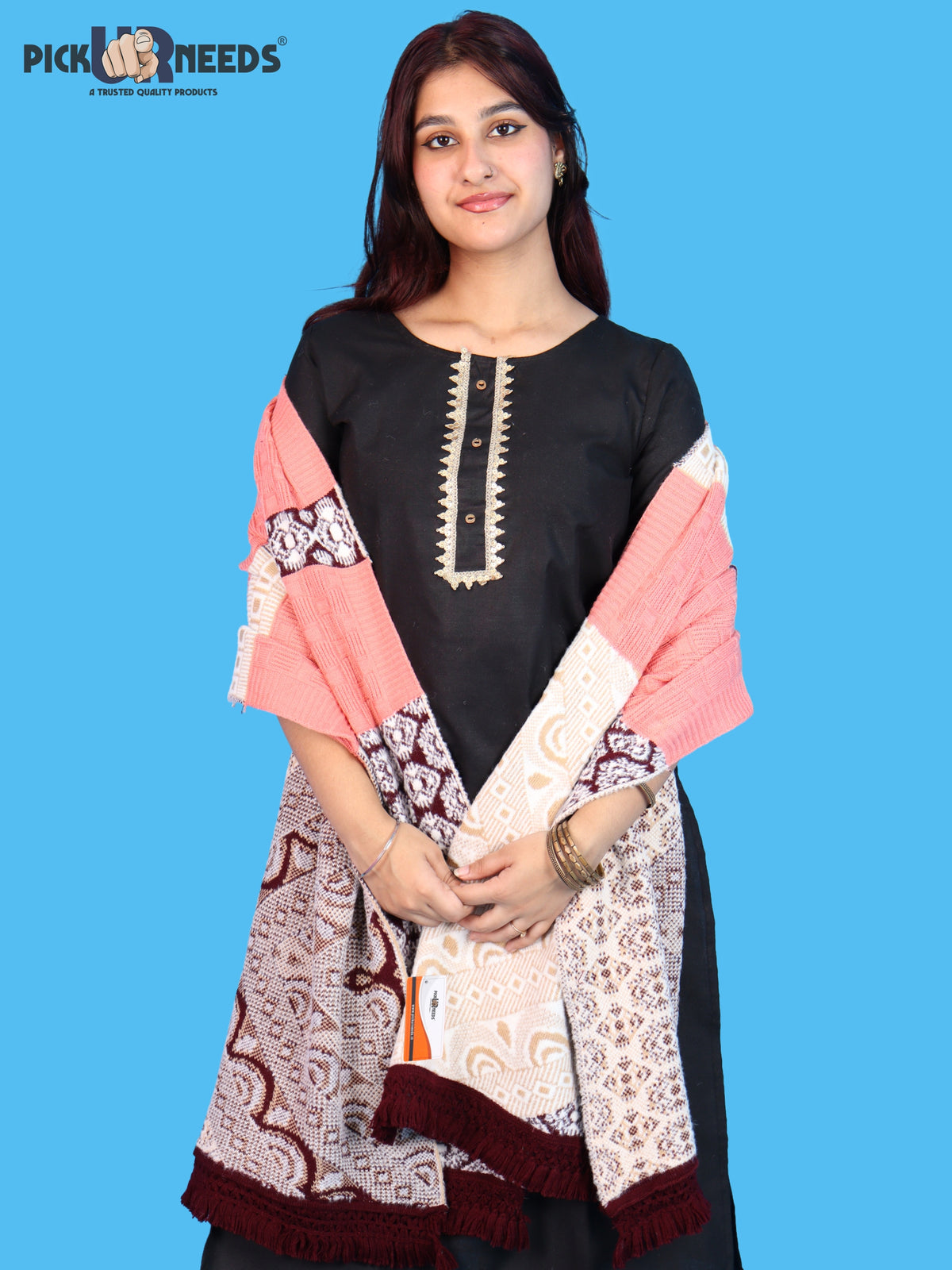 Pick Ur Needs Winter Girls & Womens Woolen Shawl, Soft Warm Printed Wrap with Elegant Pattern & Fringe Border