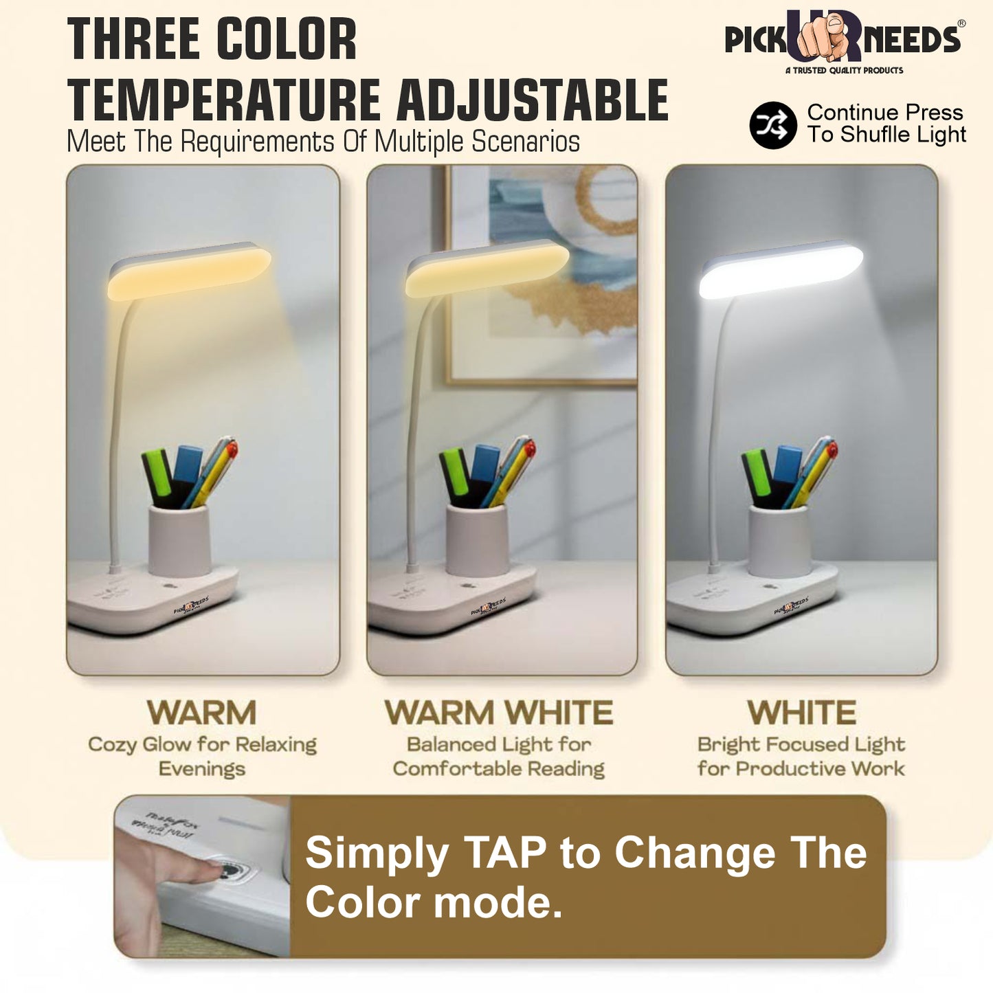 Pick Ur Needs LED Rechargeable Table Study Desk Lamp Reading Light with 3 Mode Dimming with Pen Holder, Phone Stand & USB Power